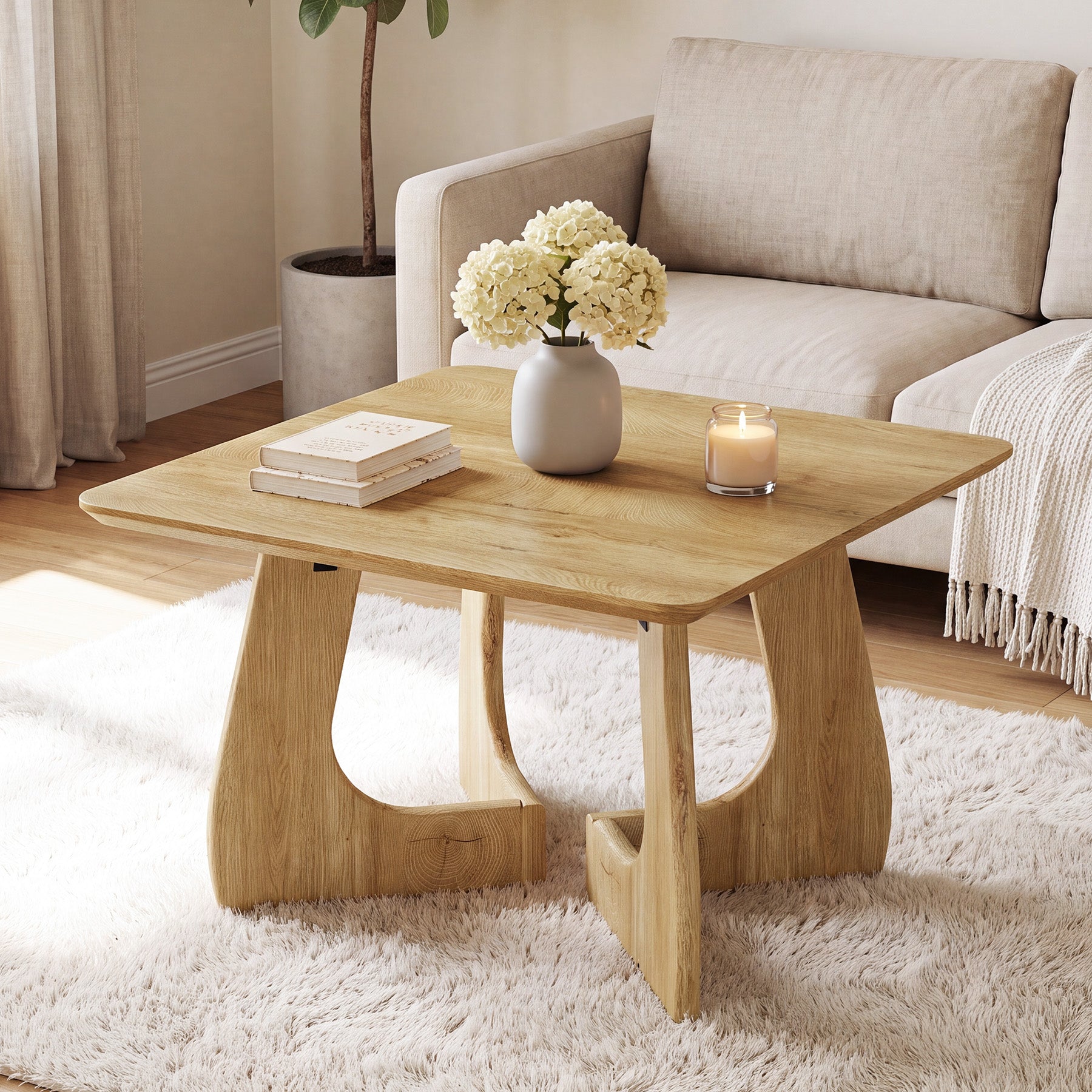 Tribesigns vierkante salontafel 80 cm, moderne woonkamertafel met sculpturaal houten frame