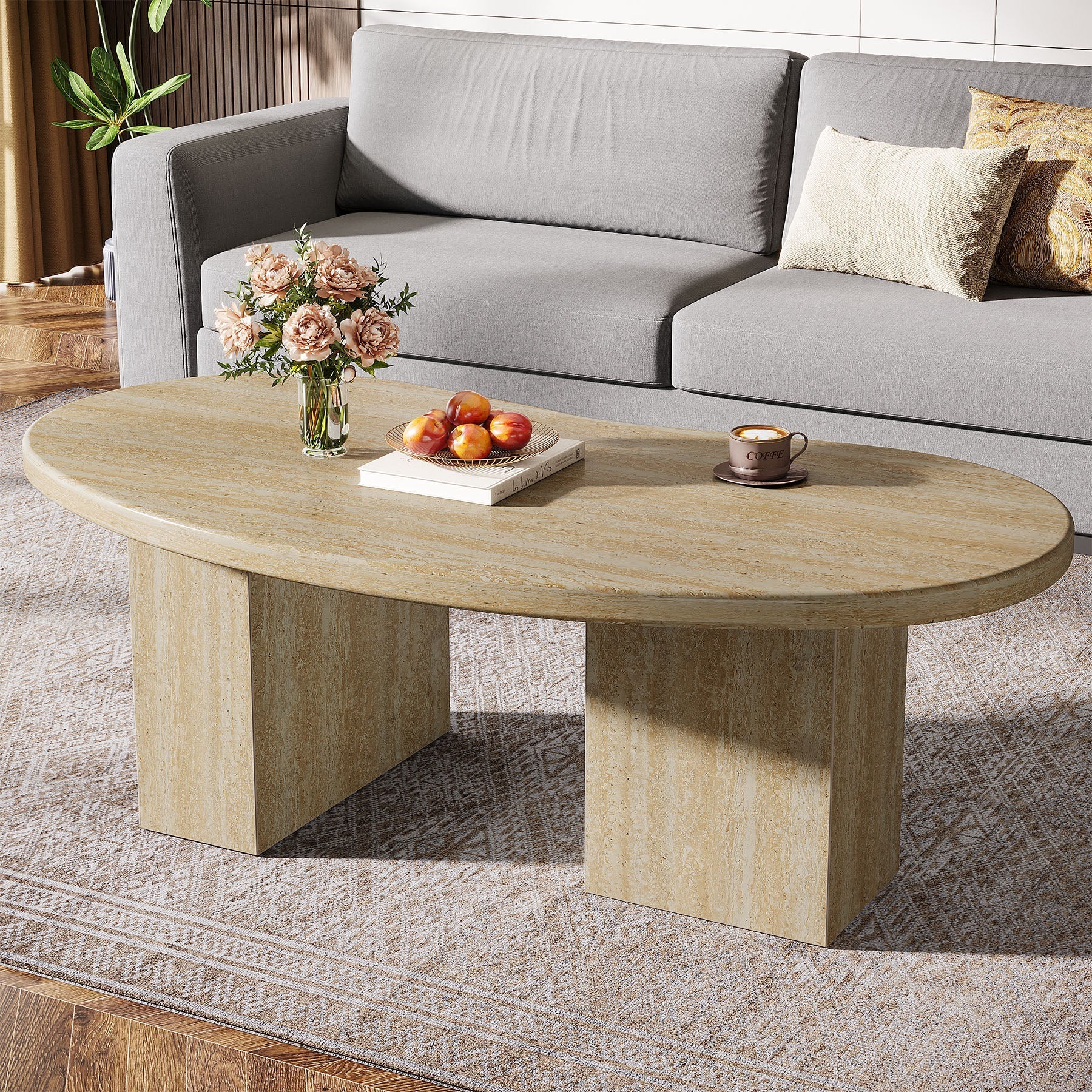 115 cm Ovale Salontafel, Grote Houten Cocktailtafel met Asymmetrische Voet in Eiken