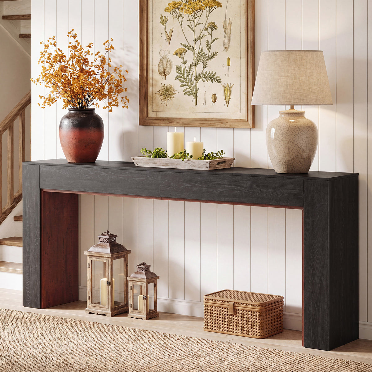Tribesigns 200 cm lange consoletafel met tweekleurig ontwerp en stabiele basis, smalle banktafel voor hal en woonkamer