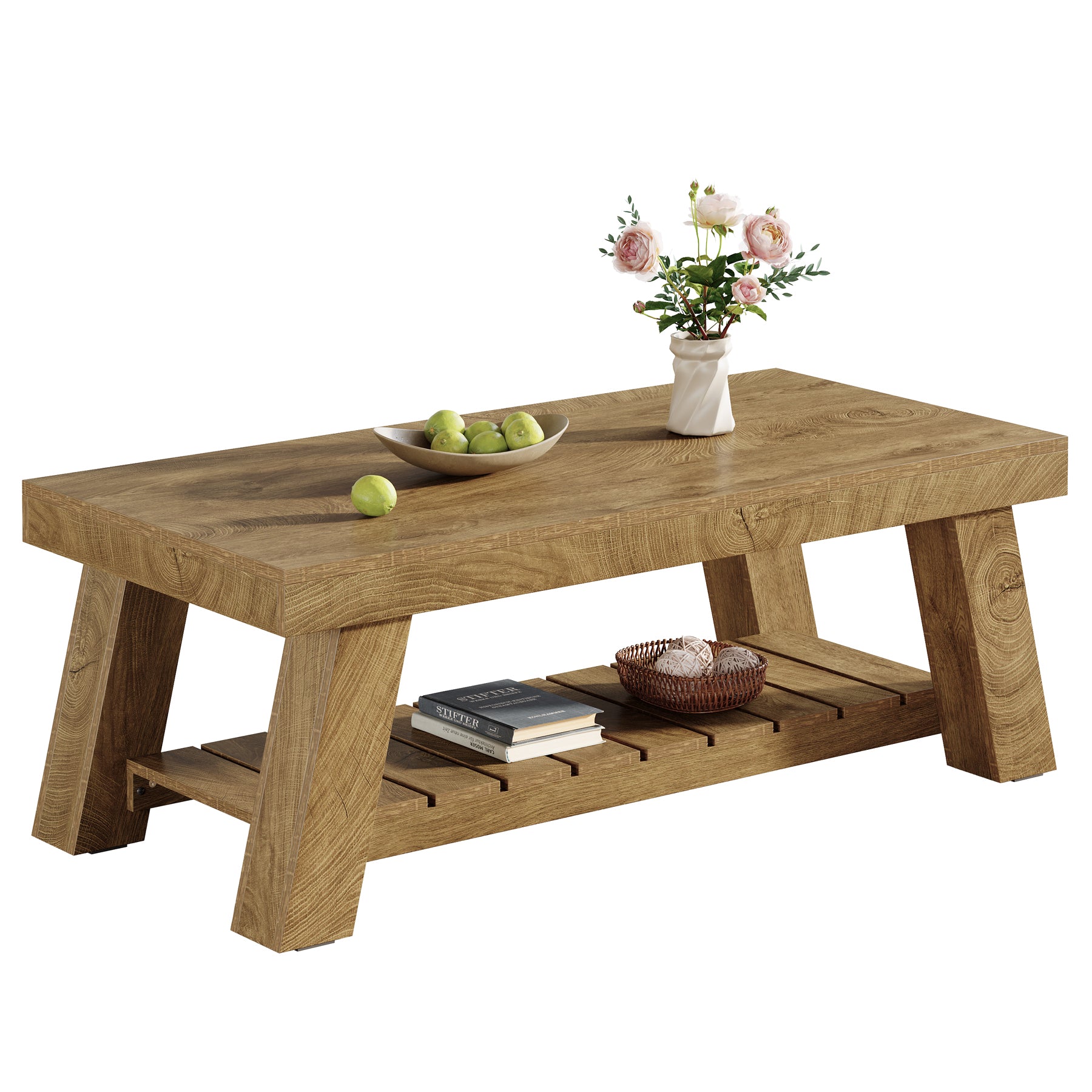 120 cm Rechthoekige Salontafel Boerderij Stijl, Met 2 Opbergplanken voor Woonkamer en Appartement
