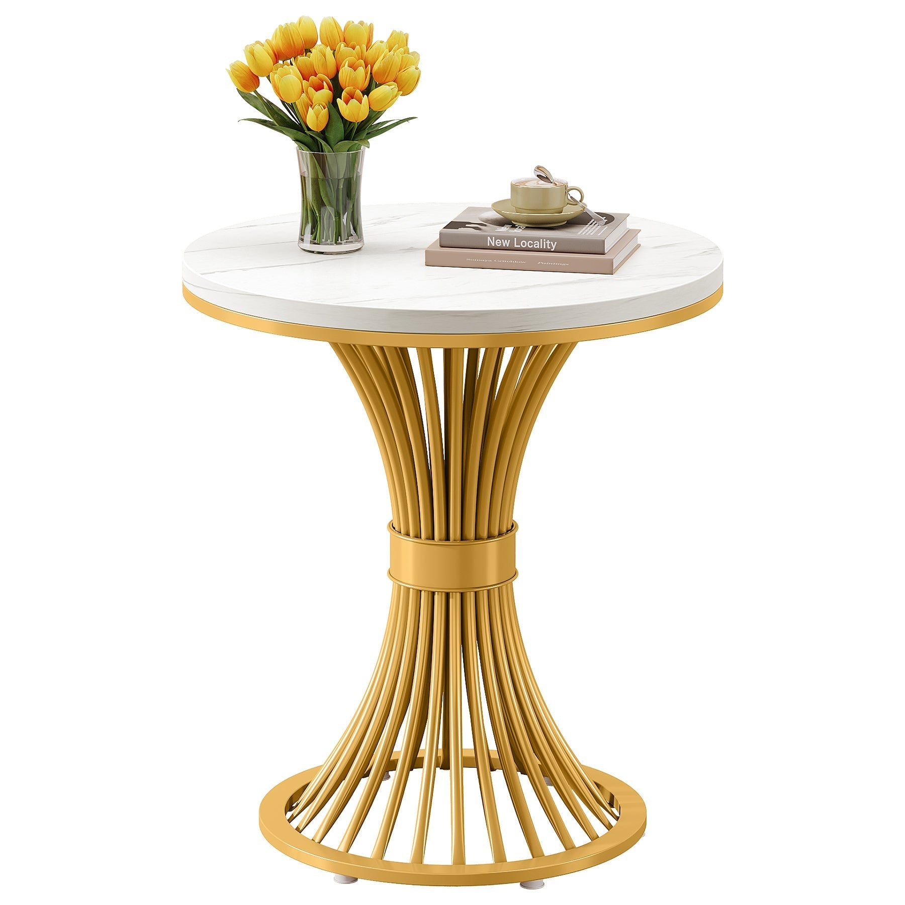 Tribesigns 20" Ronde Bijzettafel met Marmerlook Blad, Witte Bijzettafel met Goudkleurig Metalen Onderstel
