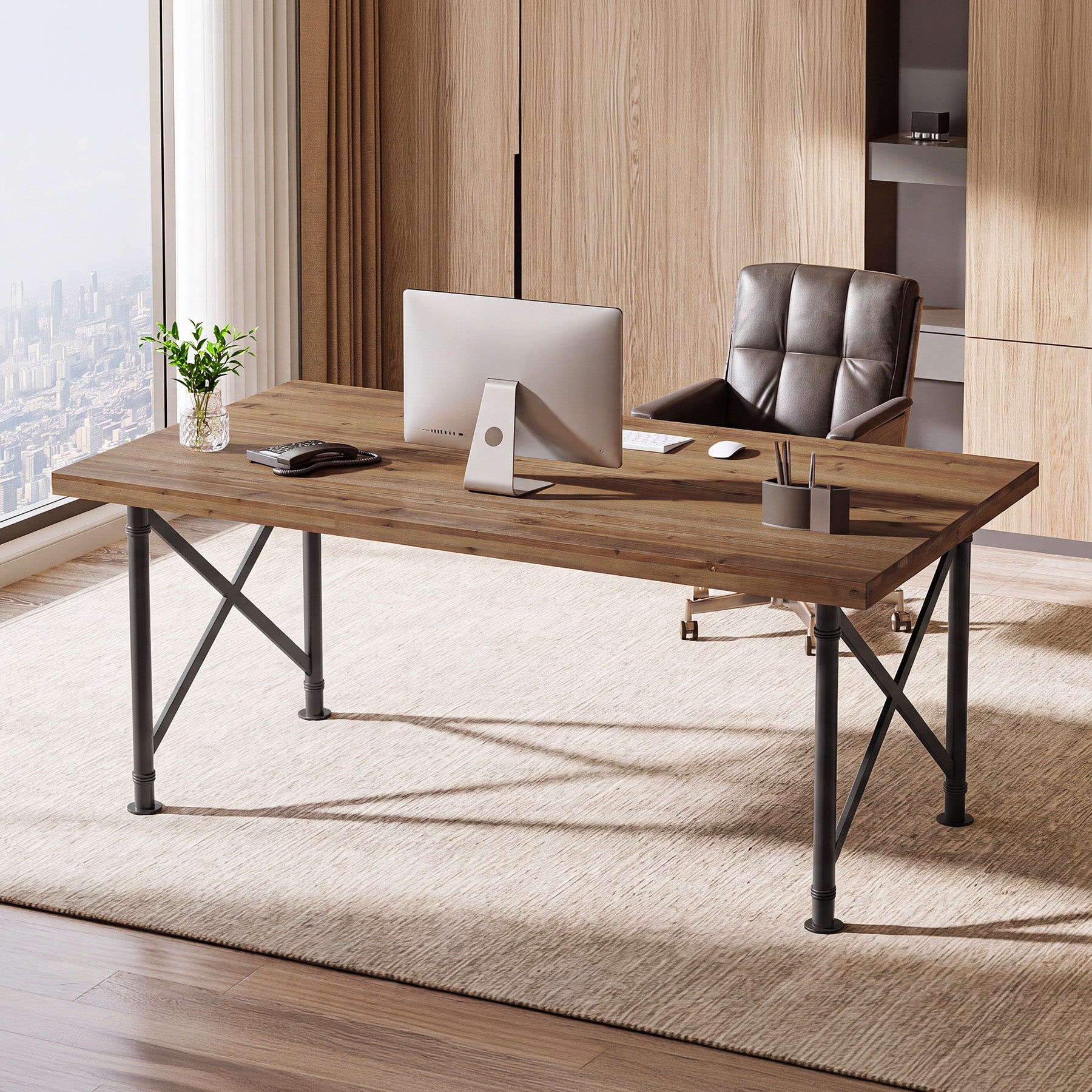 Massief houten bureau 160 × 80 cm, computertafel met X-vormig metalen onderstel voor het thuiskantoor
