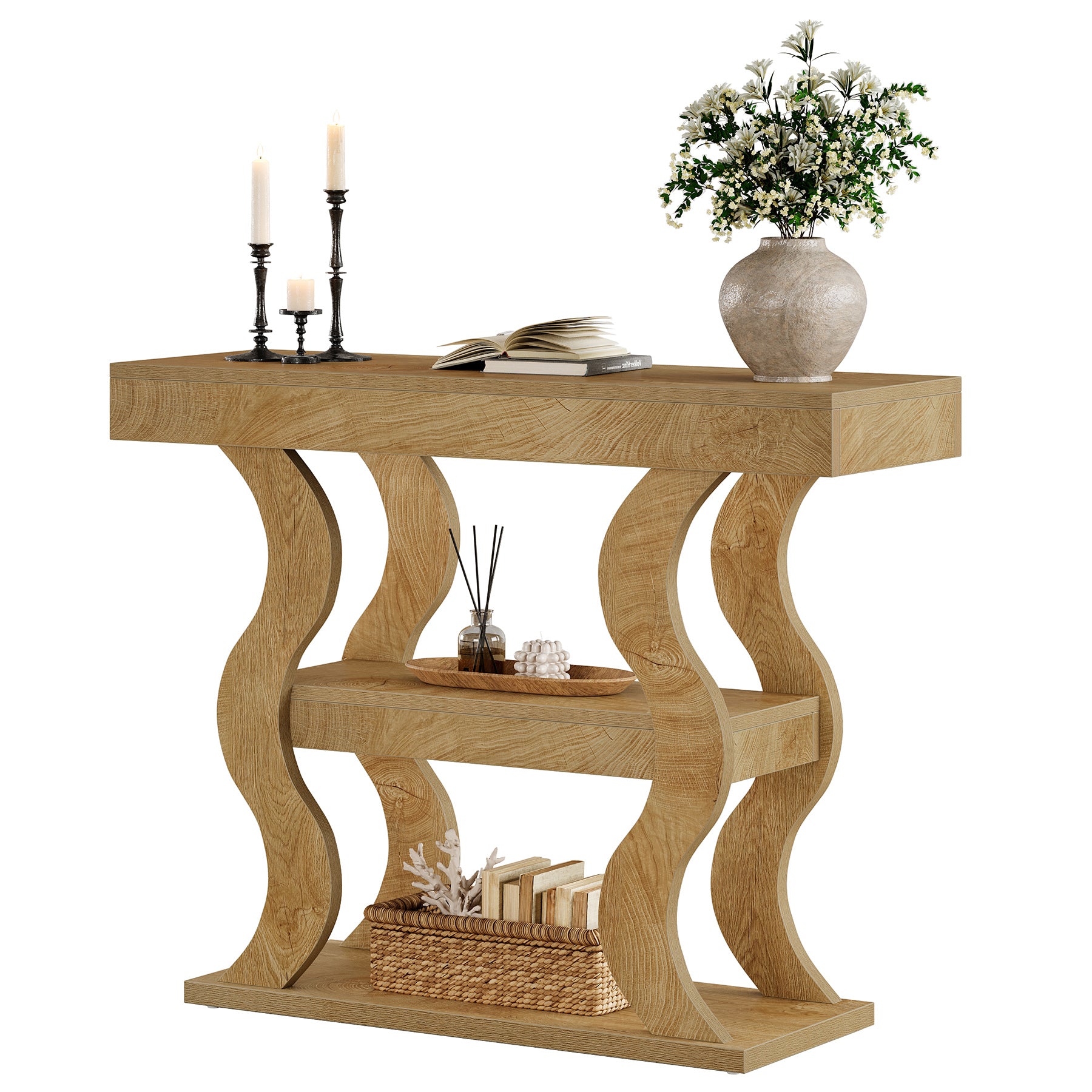 105 cm Smalle Consoletafel met 3 Planken, Houten Haltafel voor Entree
