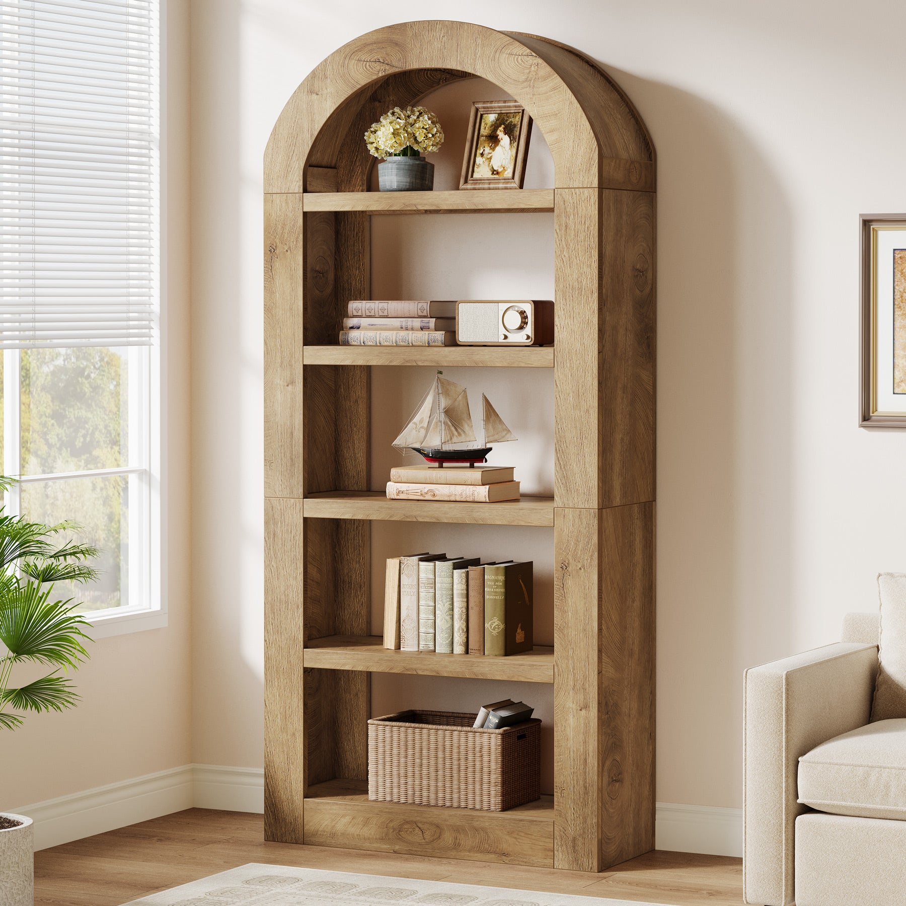 180 cm Boog Boekenkast met 5 Niveaus en Opbergruimte, Houten Open Kast voor Woonkamer en Kantoor
