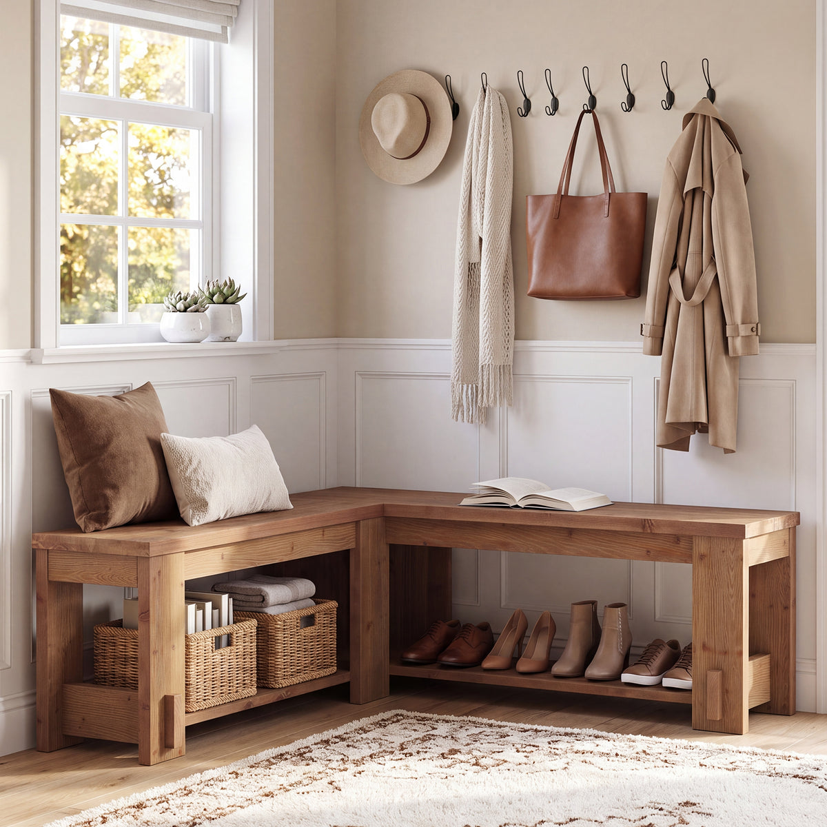 Tribesigns 120 x 45 cm L-vormige schoenenbank, massief hout met ruime open opbergplank voor hal en entree