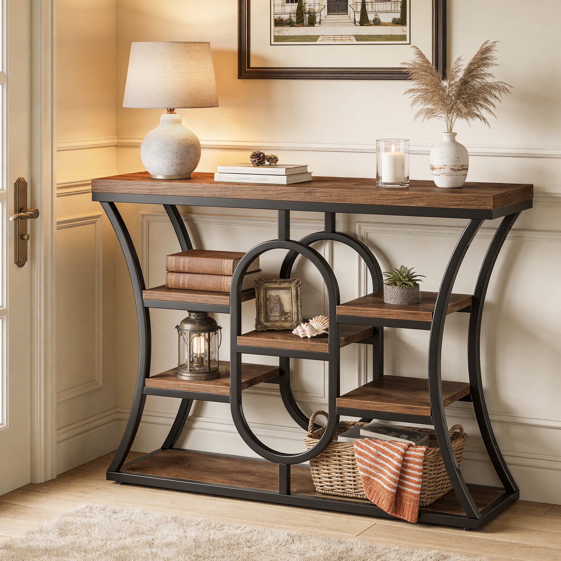 105 cm Smalle Consoletafel met Opbergrekken, Industriële Entreetafel voor Hal Woonkamer Achter Bank