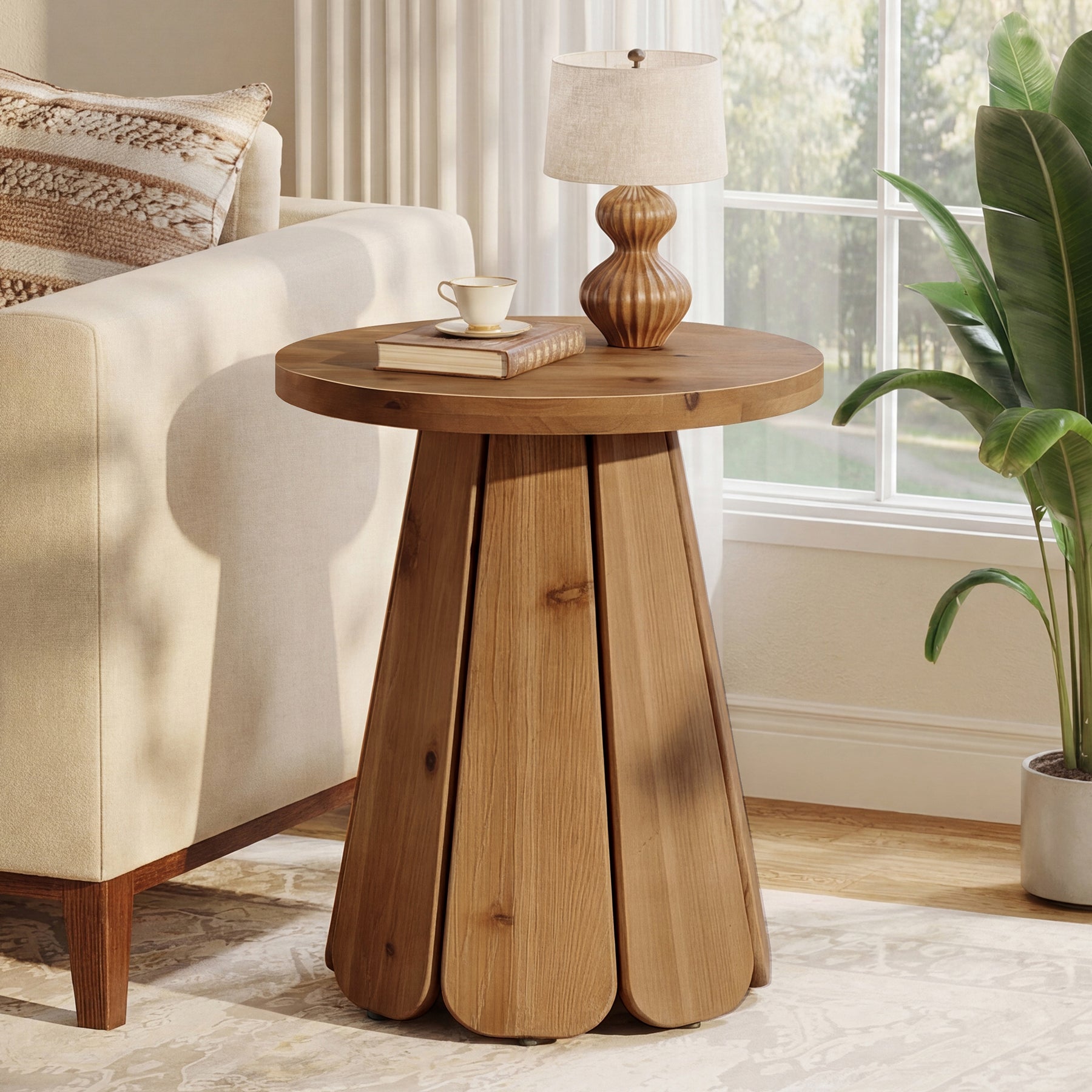 Tribesigns 50 cm ronde houten bijzettafel, massief houten zijtafel met uitlopende voet voor woonkamer