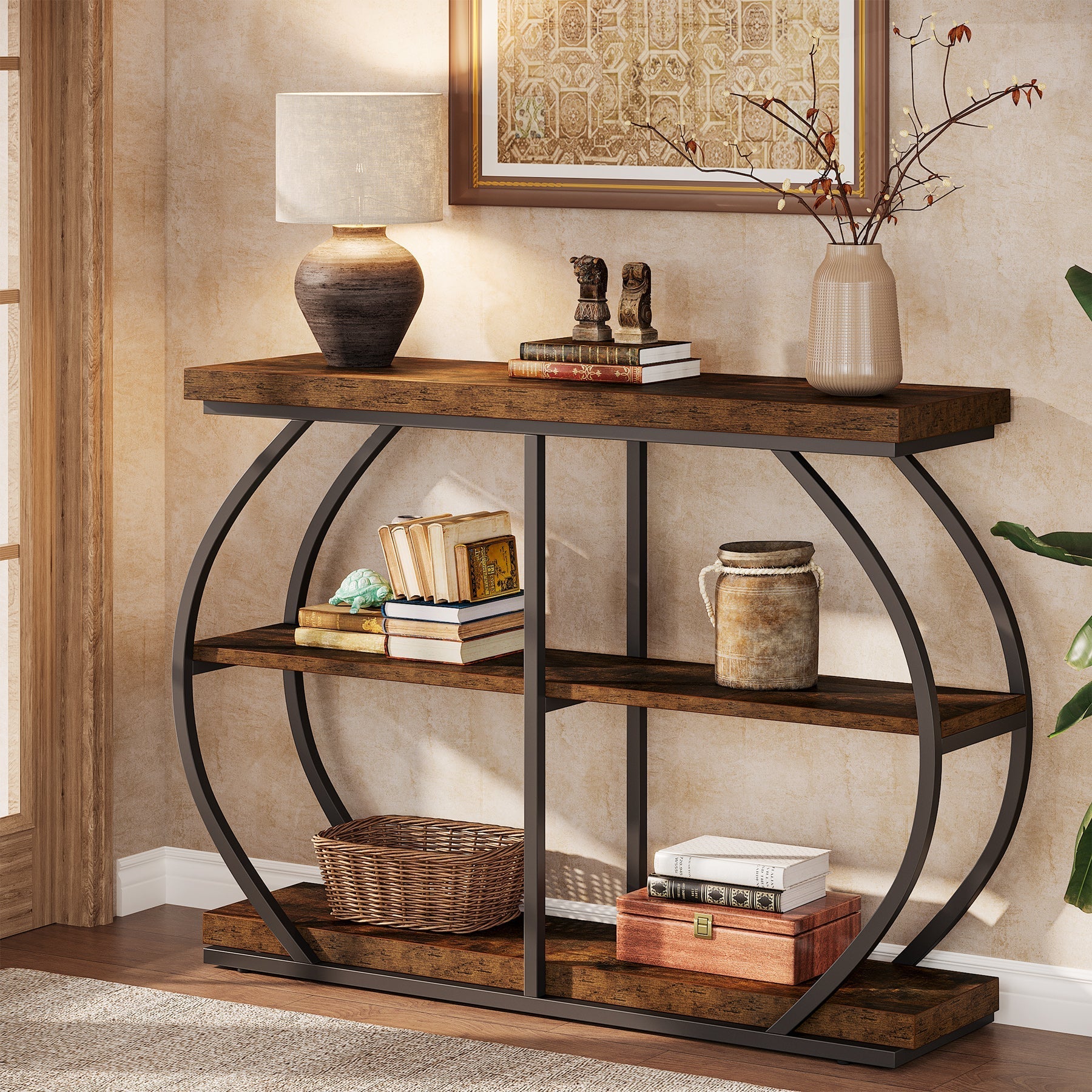 105 cm Industriële Consoletafel met 3 Planken, Gebogen Metalen Frame voor Woonkamer en Hal
