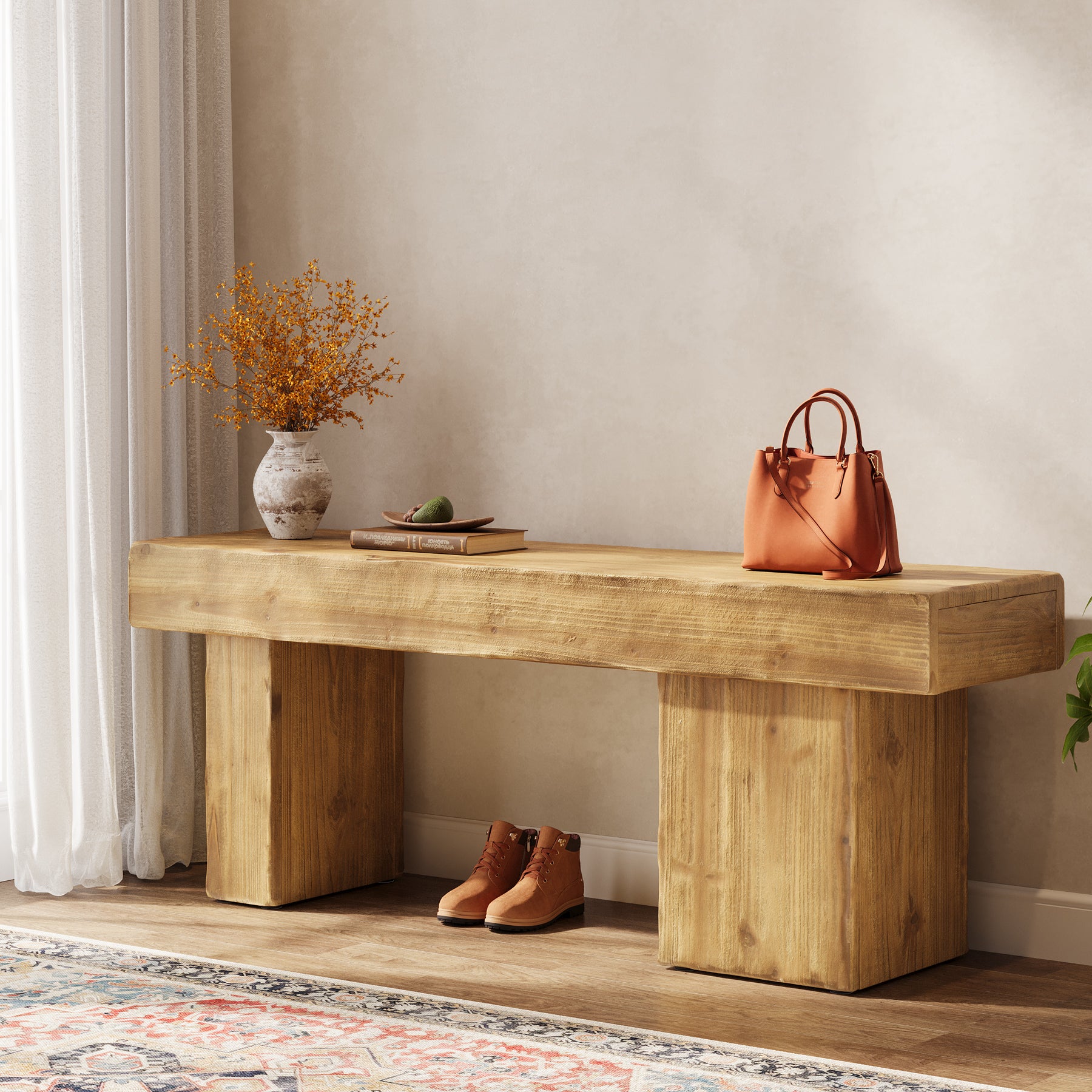 Tribesigns 119 cm massief houten halbank, farmhouse zitbank met dikke zitting