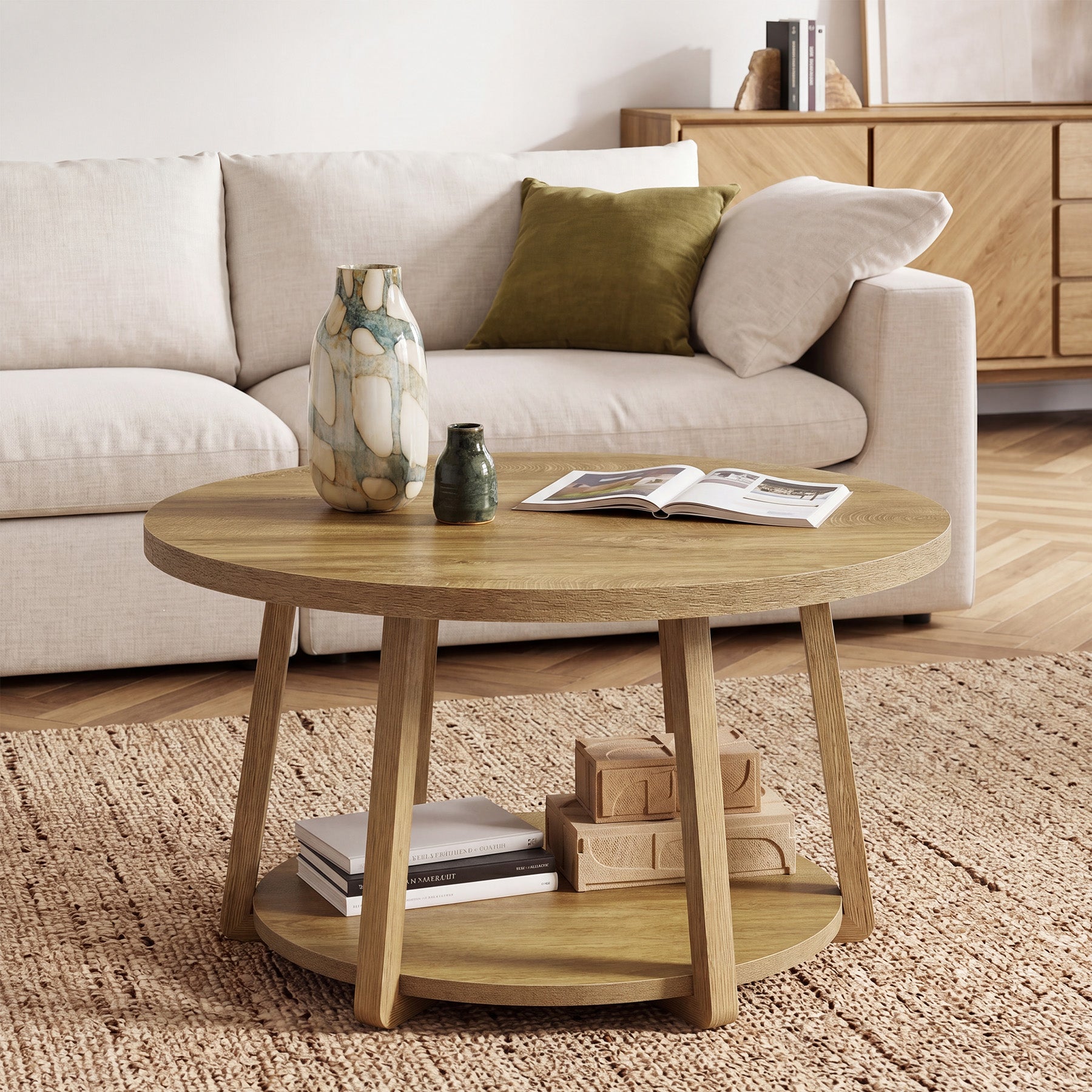 80 x 50 cm Tribesigns Ronde Salontafel, 2-Laagse Houten Bijzettafel met Opbergrek en Houten Poten voor Woonkamer