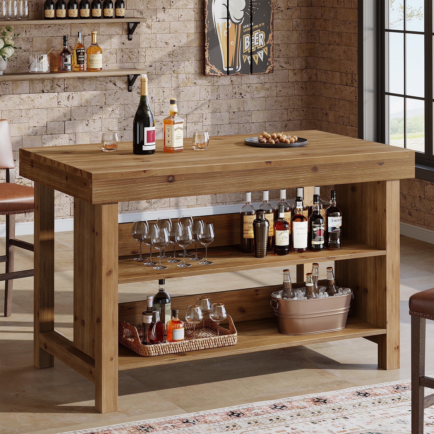 140 cm landelijke bartafel, 3-laags barunit van massief hout met open opbergplanken
