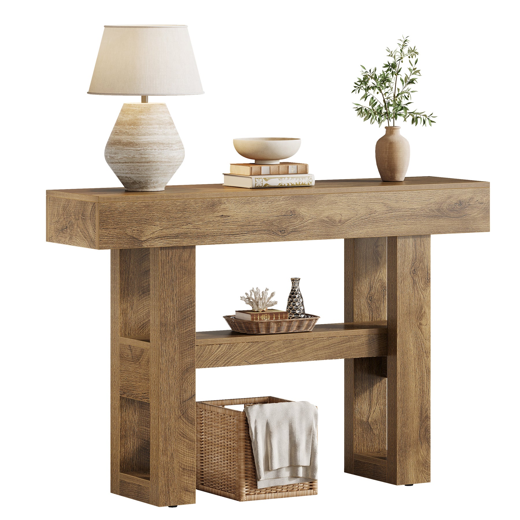 105 cm Smalle Consoletafel met 2 Niveaus, Rustieke Entreetafel voor Hal en Woonkamer