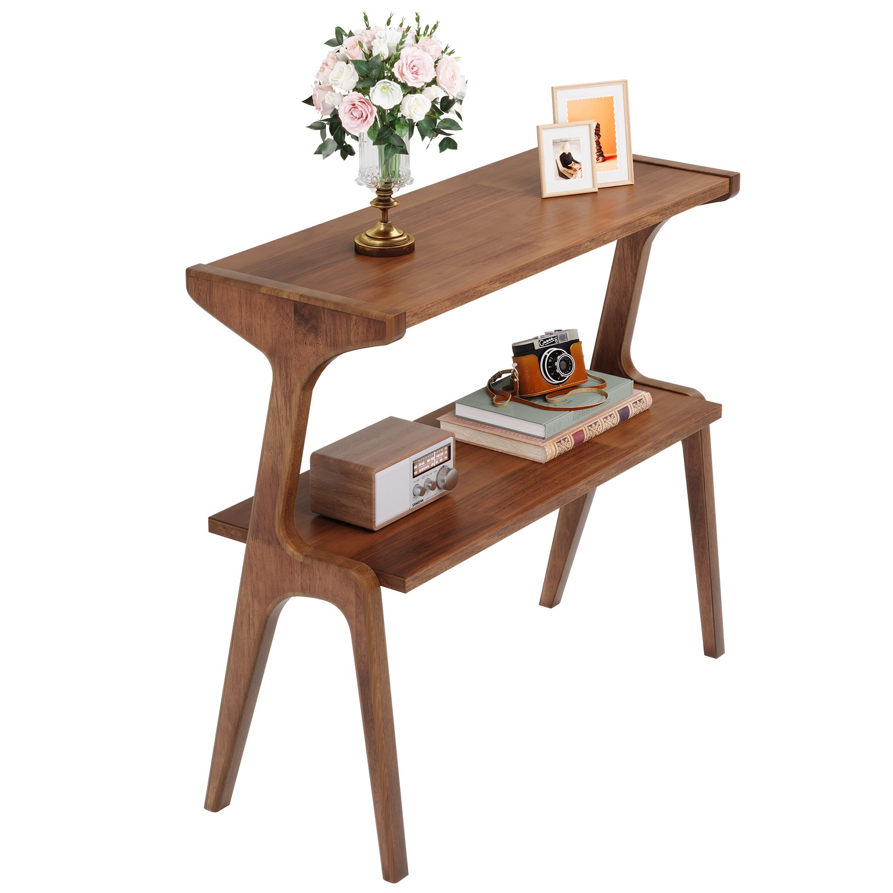 70 cm Tribesigns Bijzettafel van Massief Hout, Smalle 2-Laagse Tafel met Legplanken