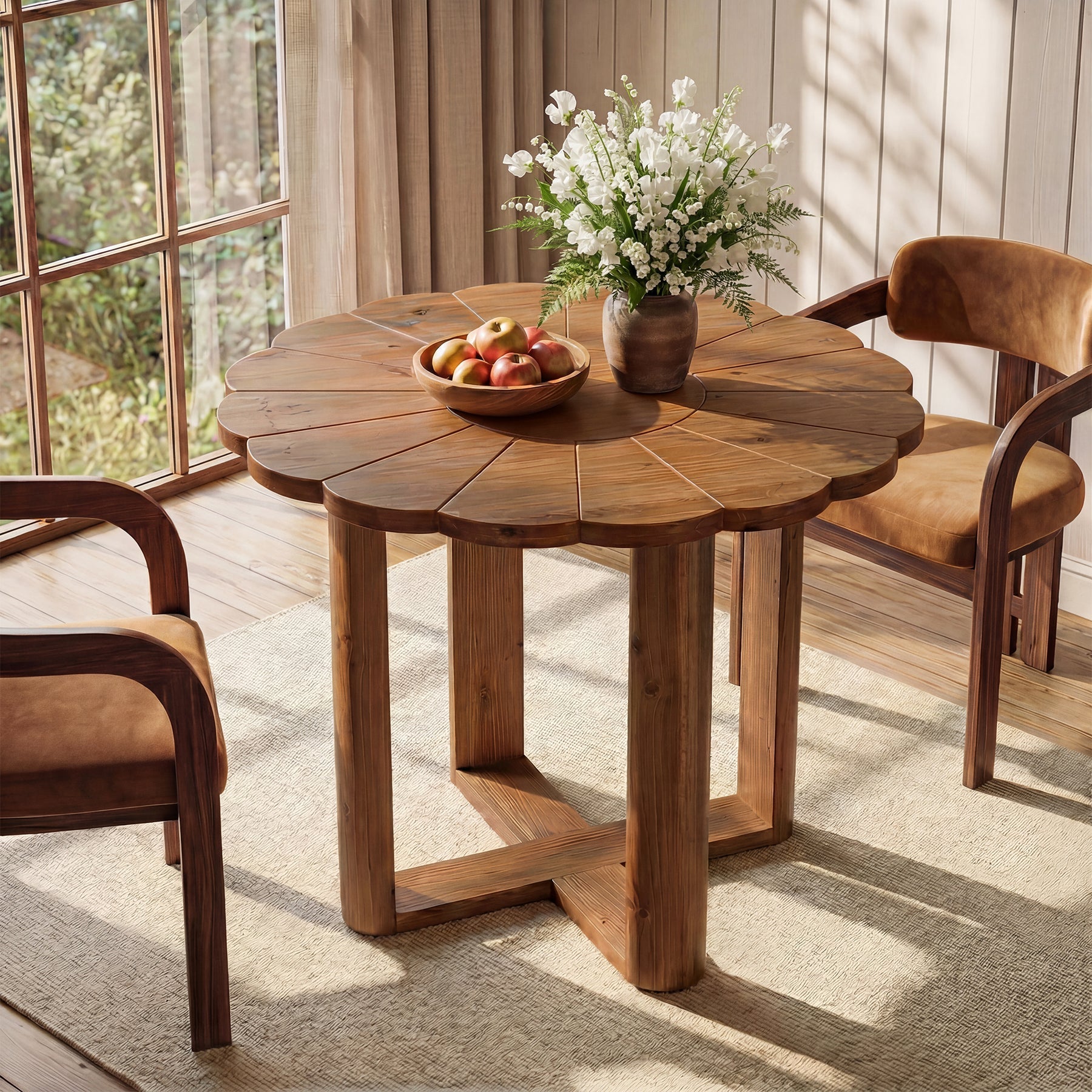 Tribesigns Massief Houten Ronde Eettafel 80 cm voor 2–4 personen, Landelijke Eetkamertafel met Floraal Snijwerkpatroon