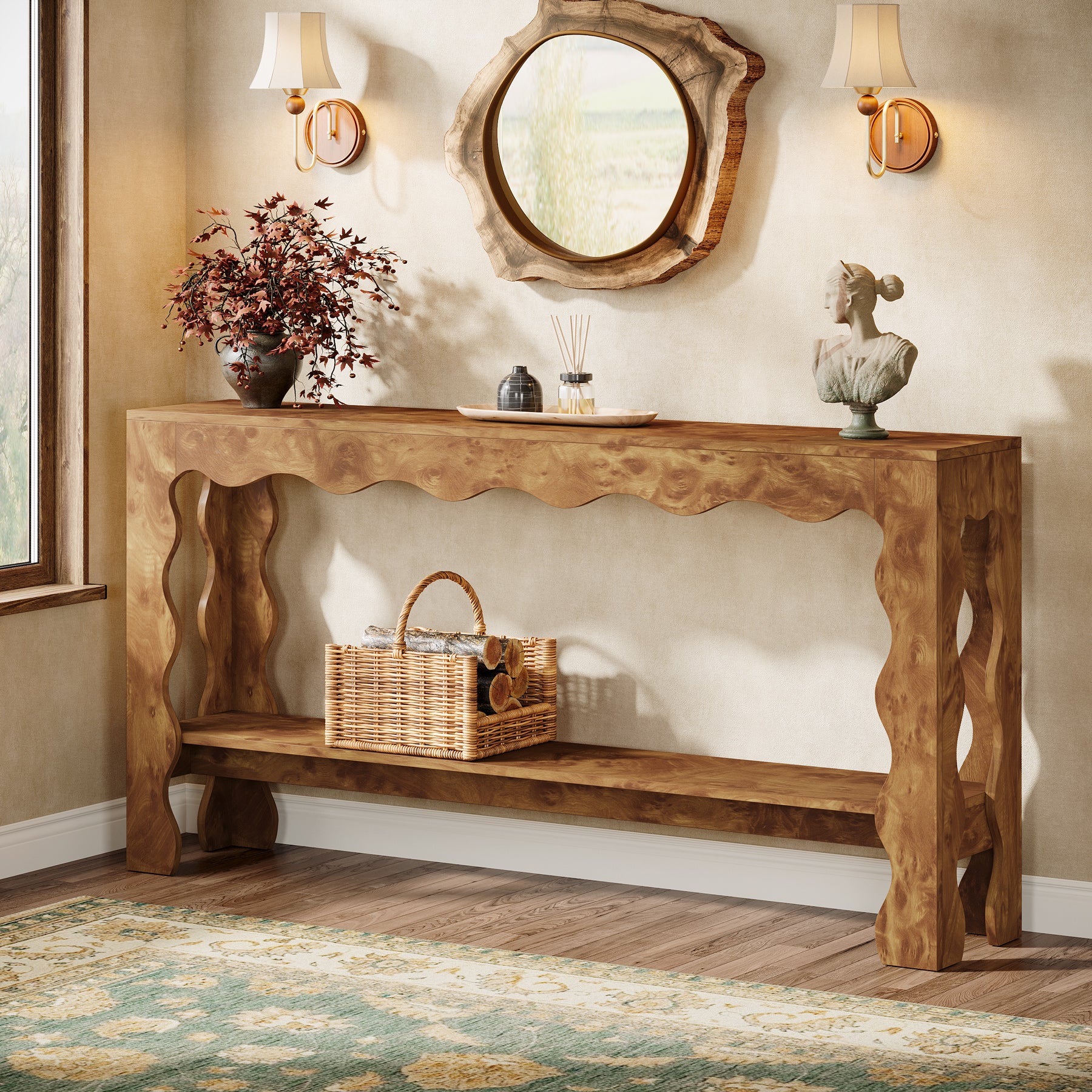 160 cm Moderne Landelijke Consoletafel met Golfrand, Smalle Haltafel met Opberdschap voor Woonkamer en Entree