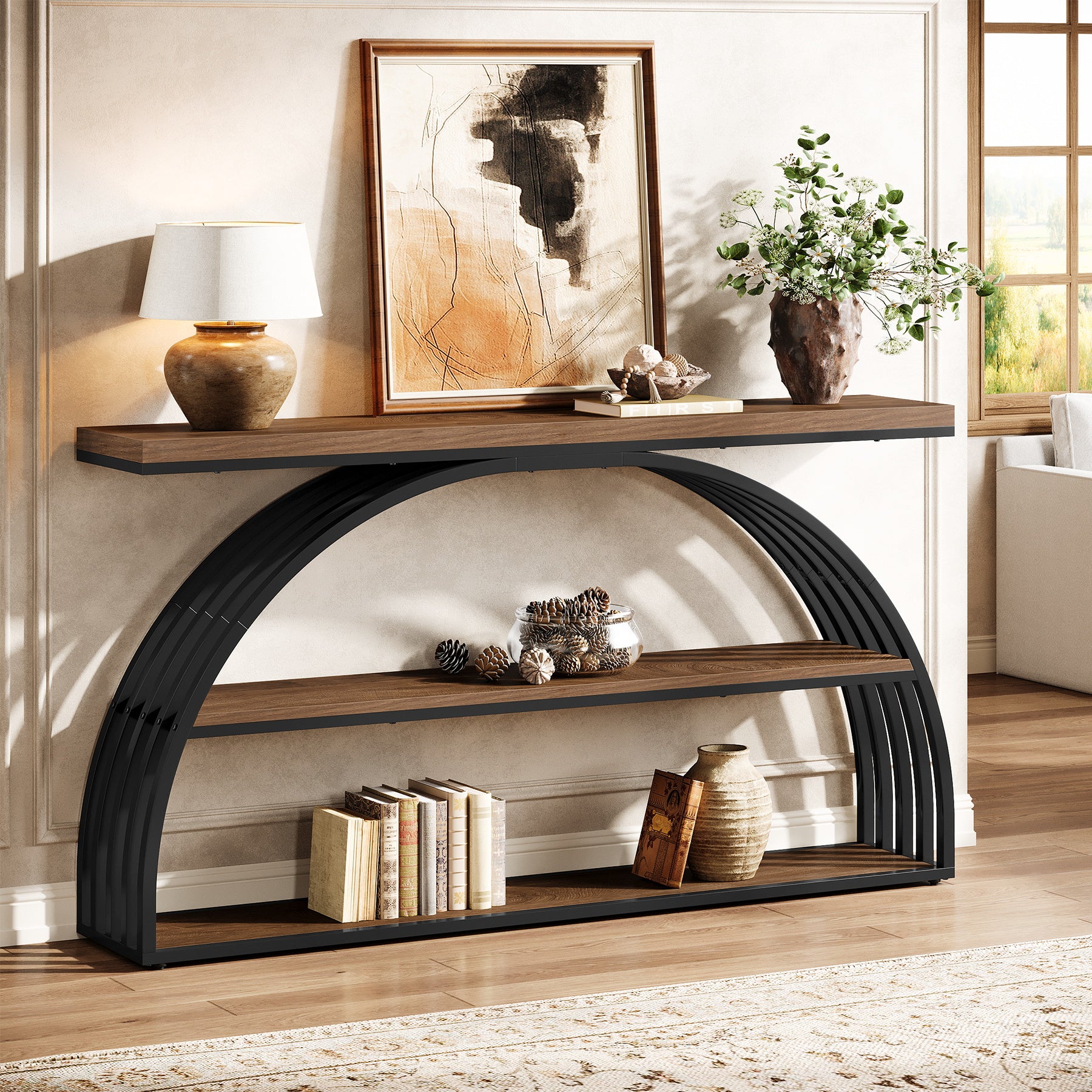 Consoletafel van 160 cm in Rustiek Bruin met Gebogen Frame, Industriële 3-Lagen Hal- en Banktafel voor Woonkamer en Entree