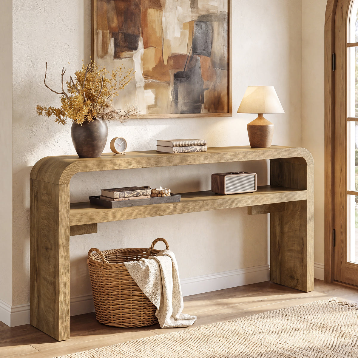 160 cm smalle consoletafel met 2-laags open opbergrek en landelijke houtlook, haltafel voor woonkamer en entree