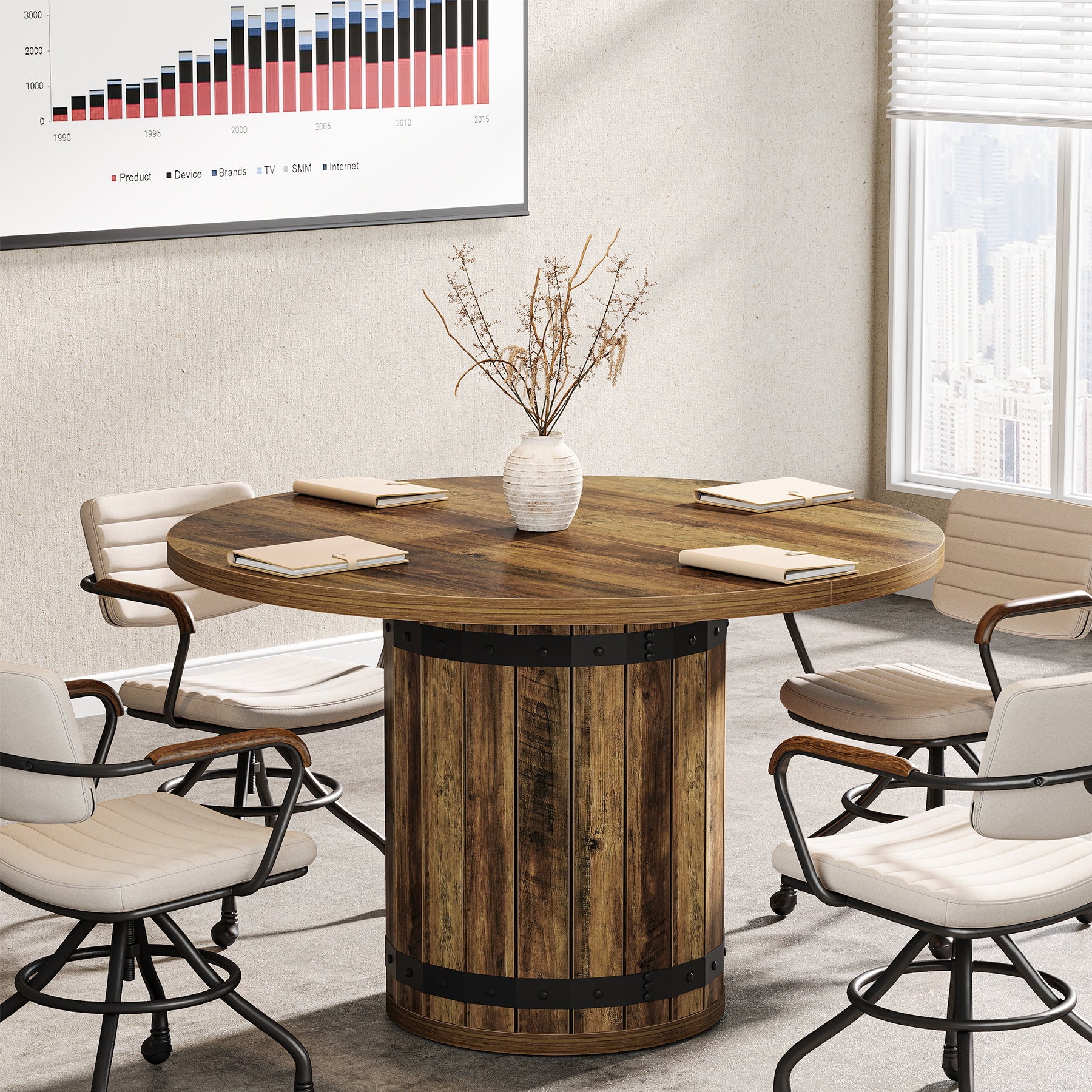 100cm Ronde Vergadertafel voor 4 Personen, Boerderijstijl met Hekwerk Basis voor Kantoor in Landelijk Bruin