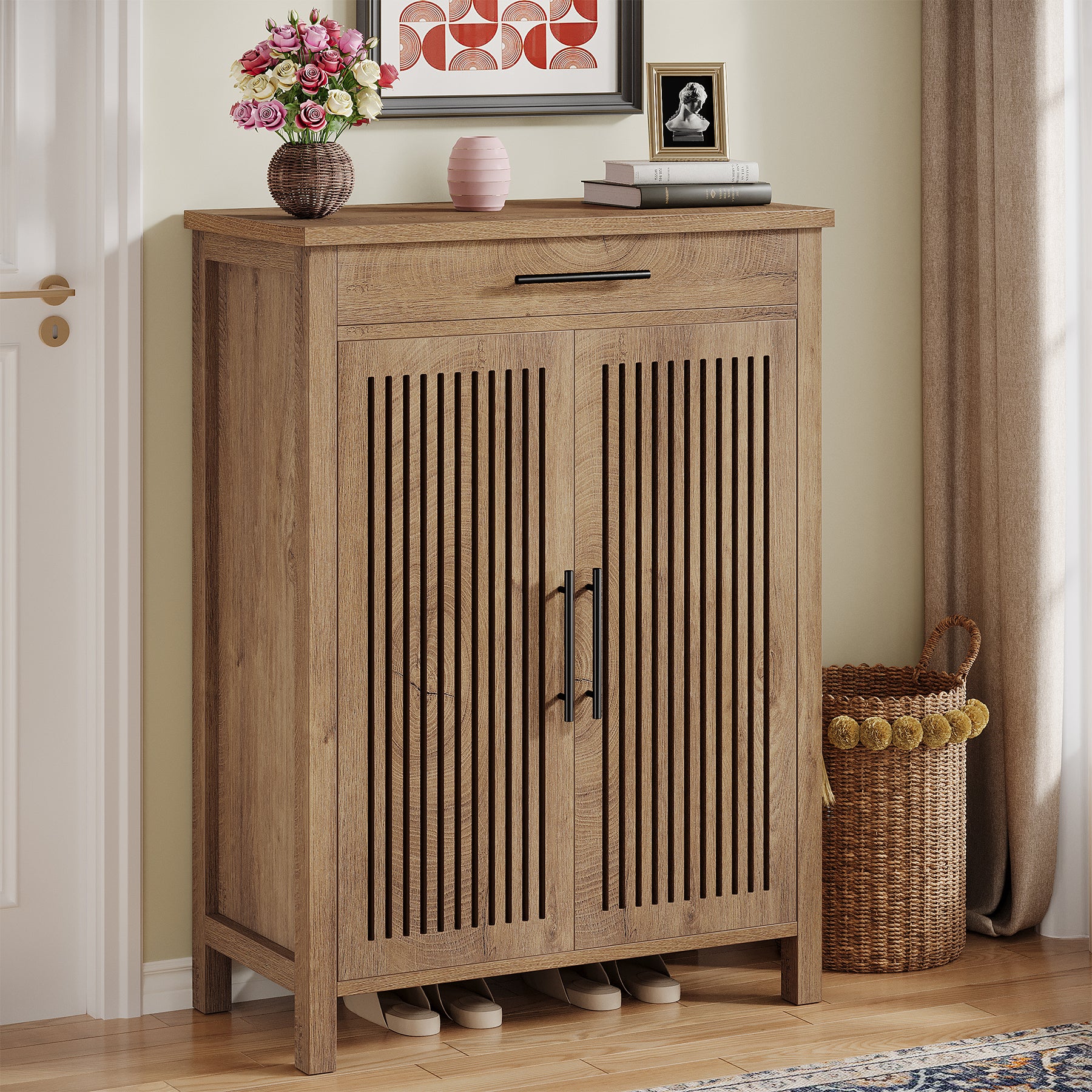 Smal Schoenenmeubel 80 cm, Verstelbare Kast Met 5 Planken En Lamellendeuren