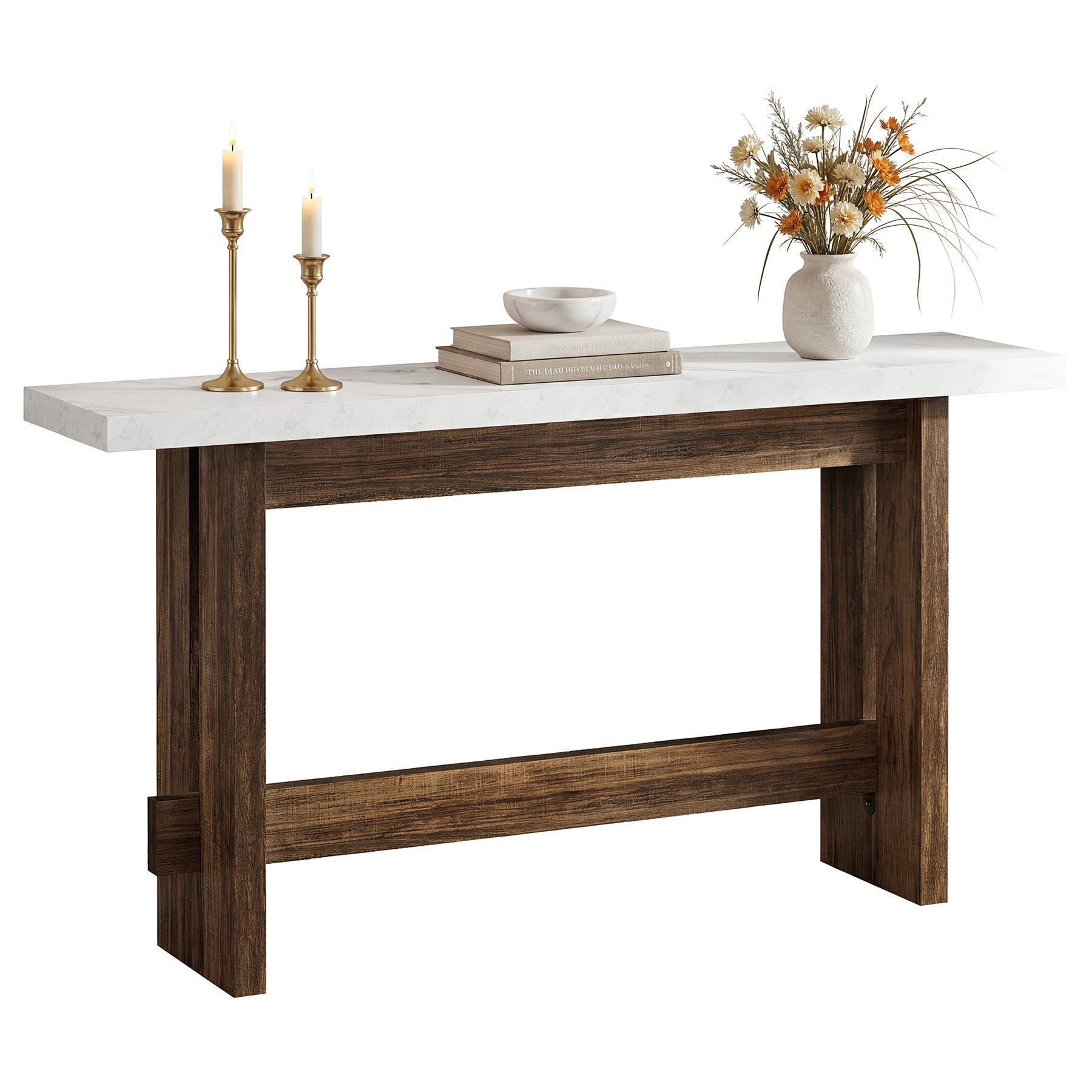 160 cm farmhouse consoletafel met marmerlook blad, smalle sidetable voor entree en woonkamer
