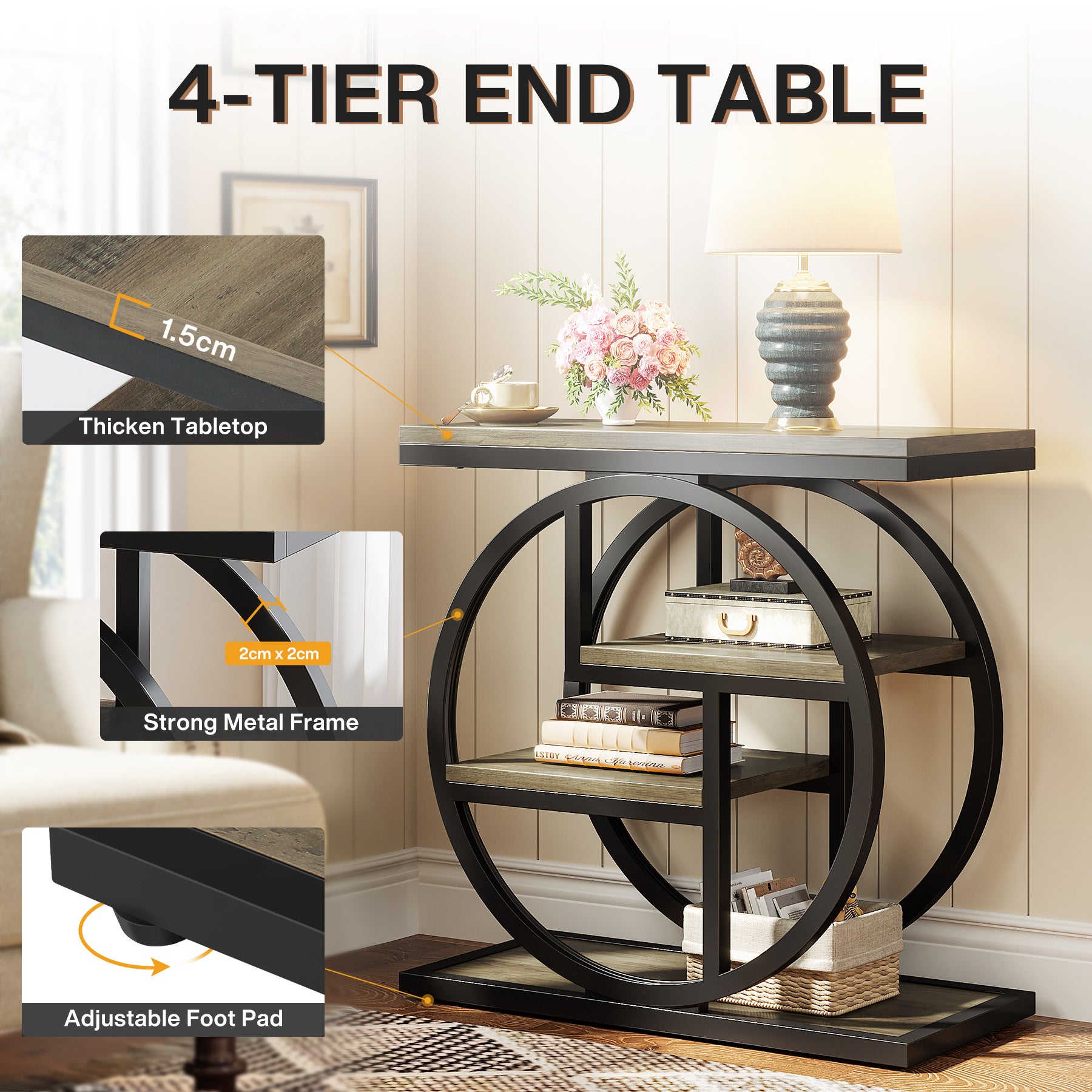 60 cm Industriële Bijzettafel, Vierplanken Opbergmeubel in Rustiek Bruin