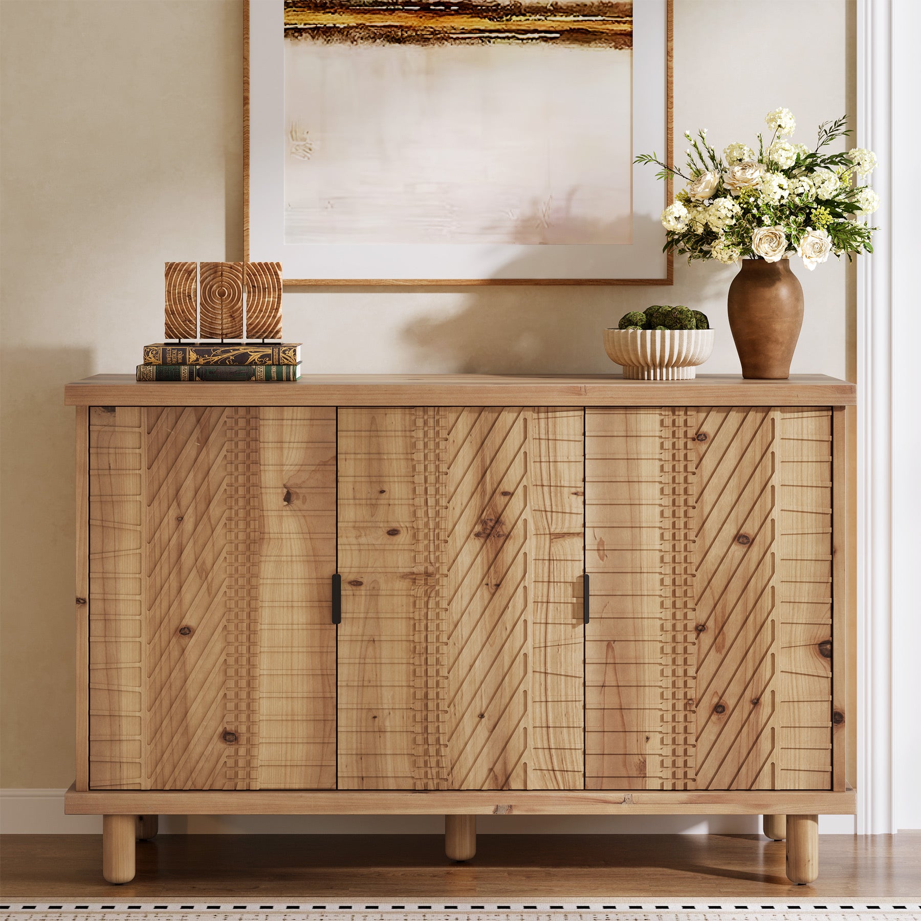 121 x 40 x 80 cm Tribesigns massief houten dressoir met 3 deuren en verstelbare planken, landelijke buffetkast voor keuken eetkamer en entree