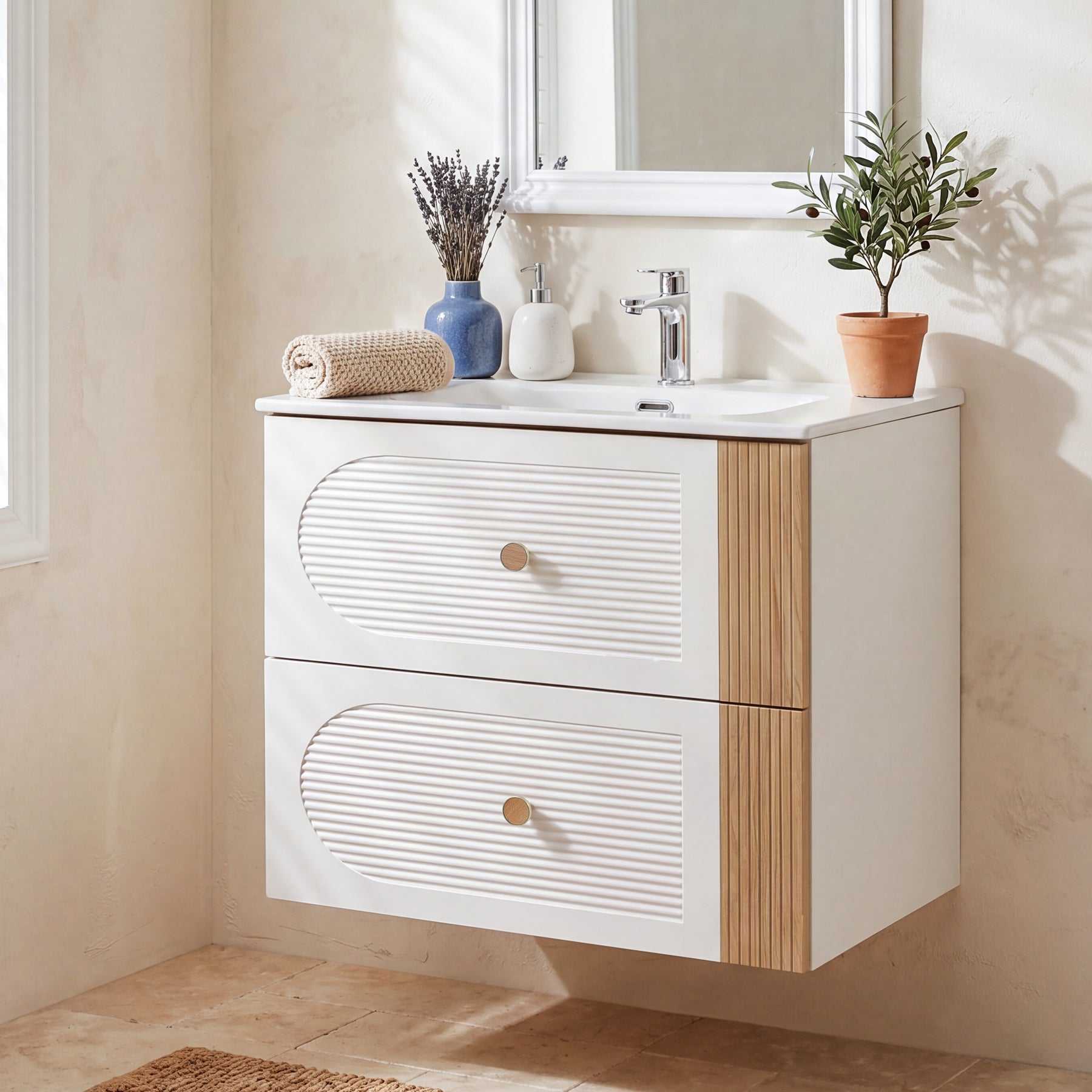 Tribesigns wastafelmeubel met keramische wastafel 60 cm, wandhangende wastafelonderkast met 2 softclose-lades