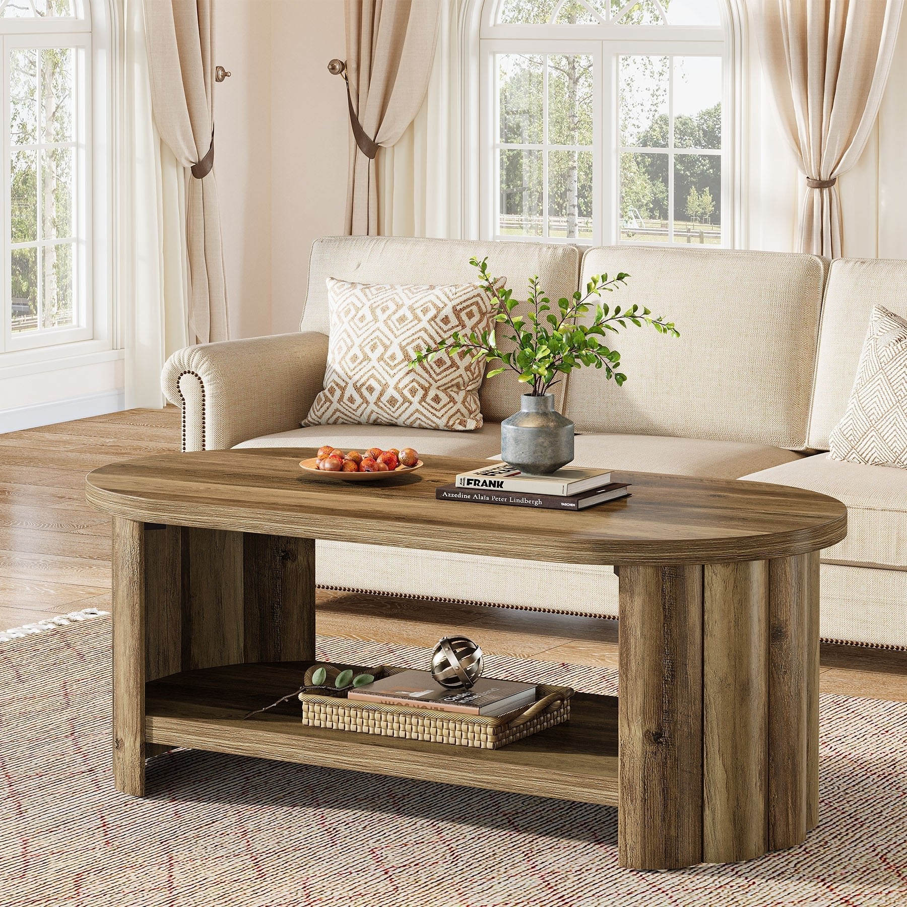 120 cm ovale salontafel, 2-laags accenttafel met opbergplank voor in de woonkamer