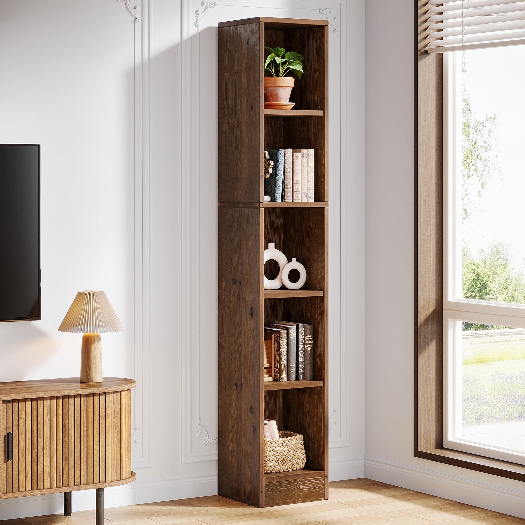 Tribesigns boekenkast van massief hout – 180 cm, smal 5-traps open rek voor boeken en accessoires