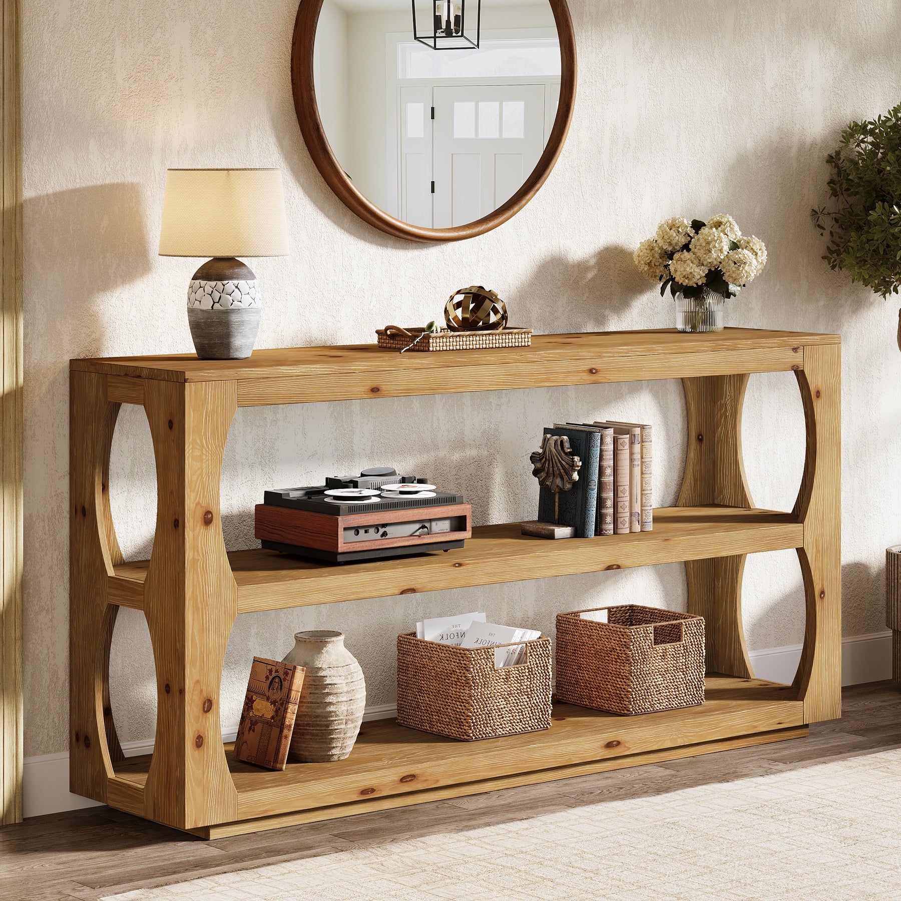 160 cm Houten Consoletafel met 3-Laags Opbergruimte, Lange Smalle Landelijke Tafel