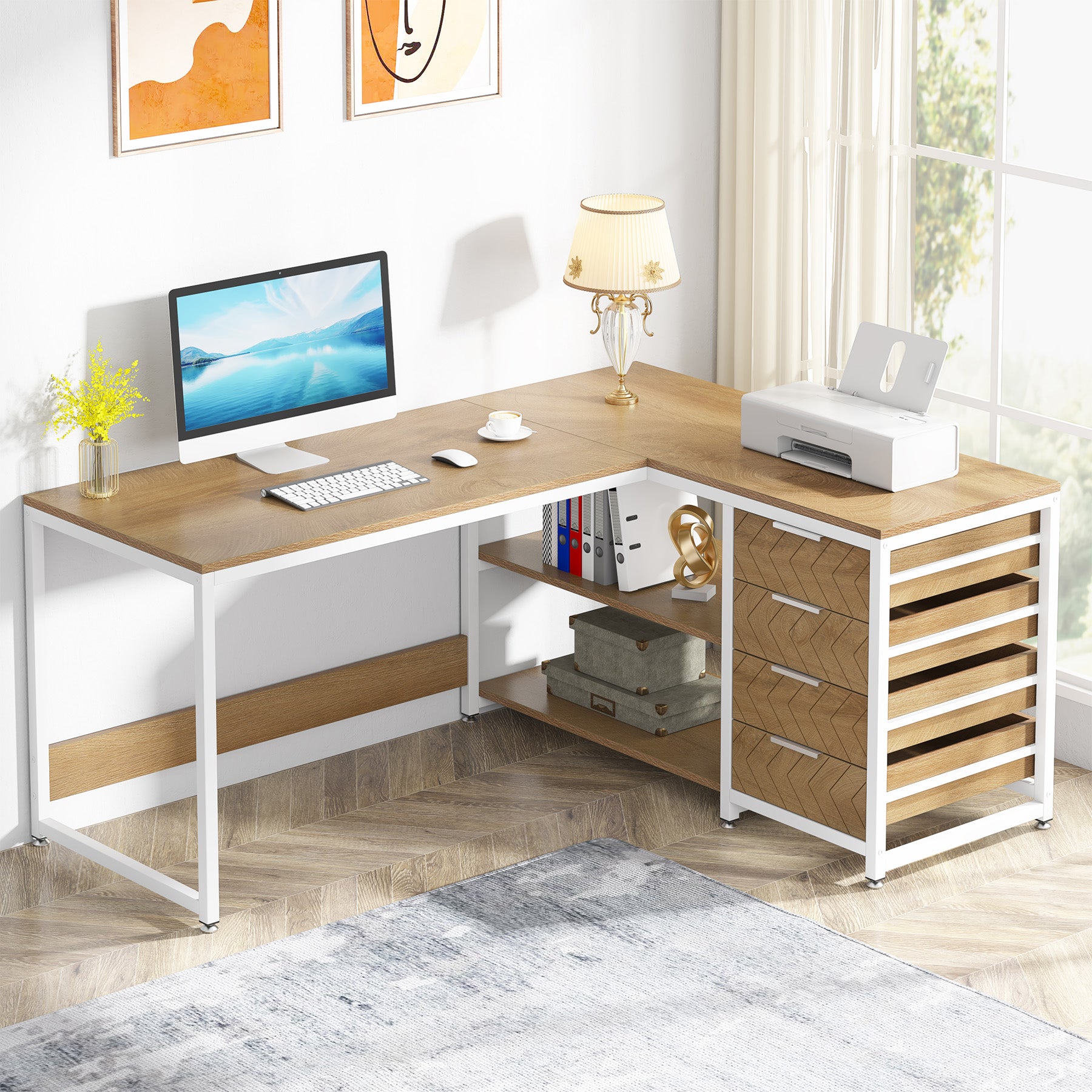 150 cm L-vormig Bureau, Met 4 Laden en 2 Planken voor Kantoor en Werkkamer
