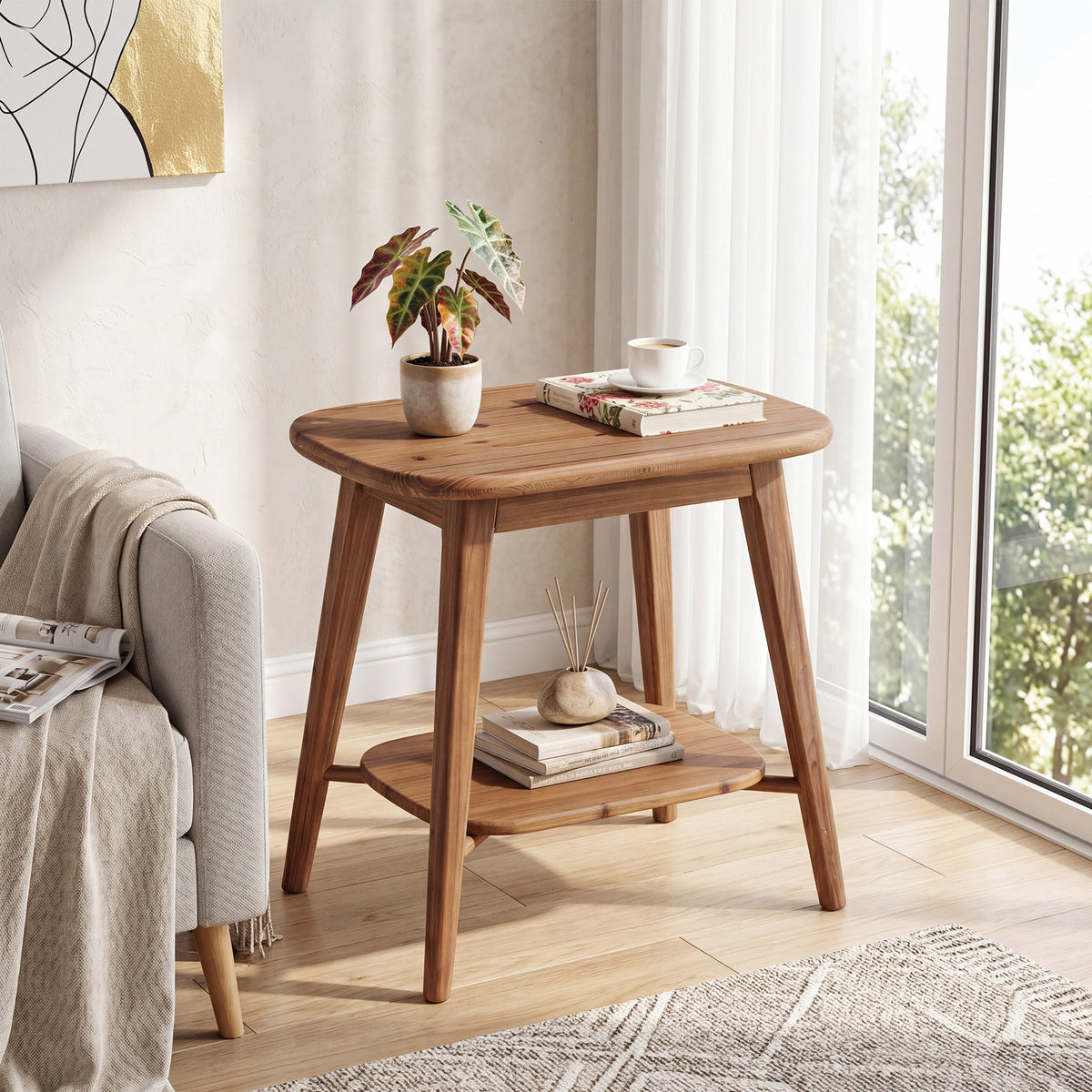 60 cm Tribesigns massief houten bijzettafel met 2 opbergniveaus, rustiekbruine ovale tafel voor woonkamer