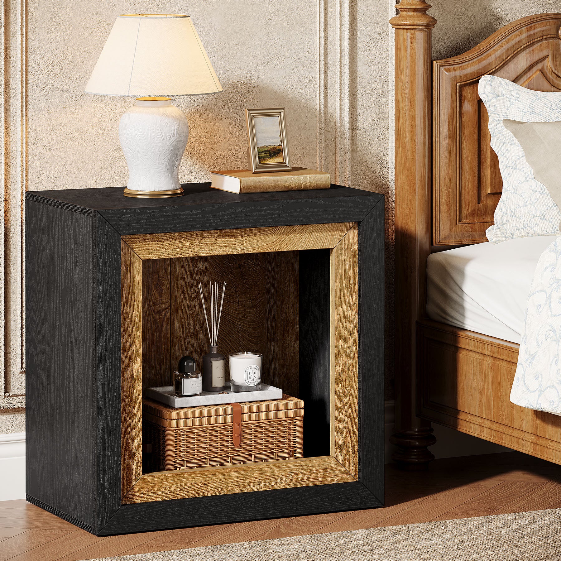 60 cm Nachtkastje, Houten Kubus Bedside Tafel met Frame-Geïnspireerd Ontwerp