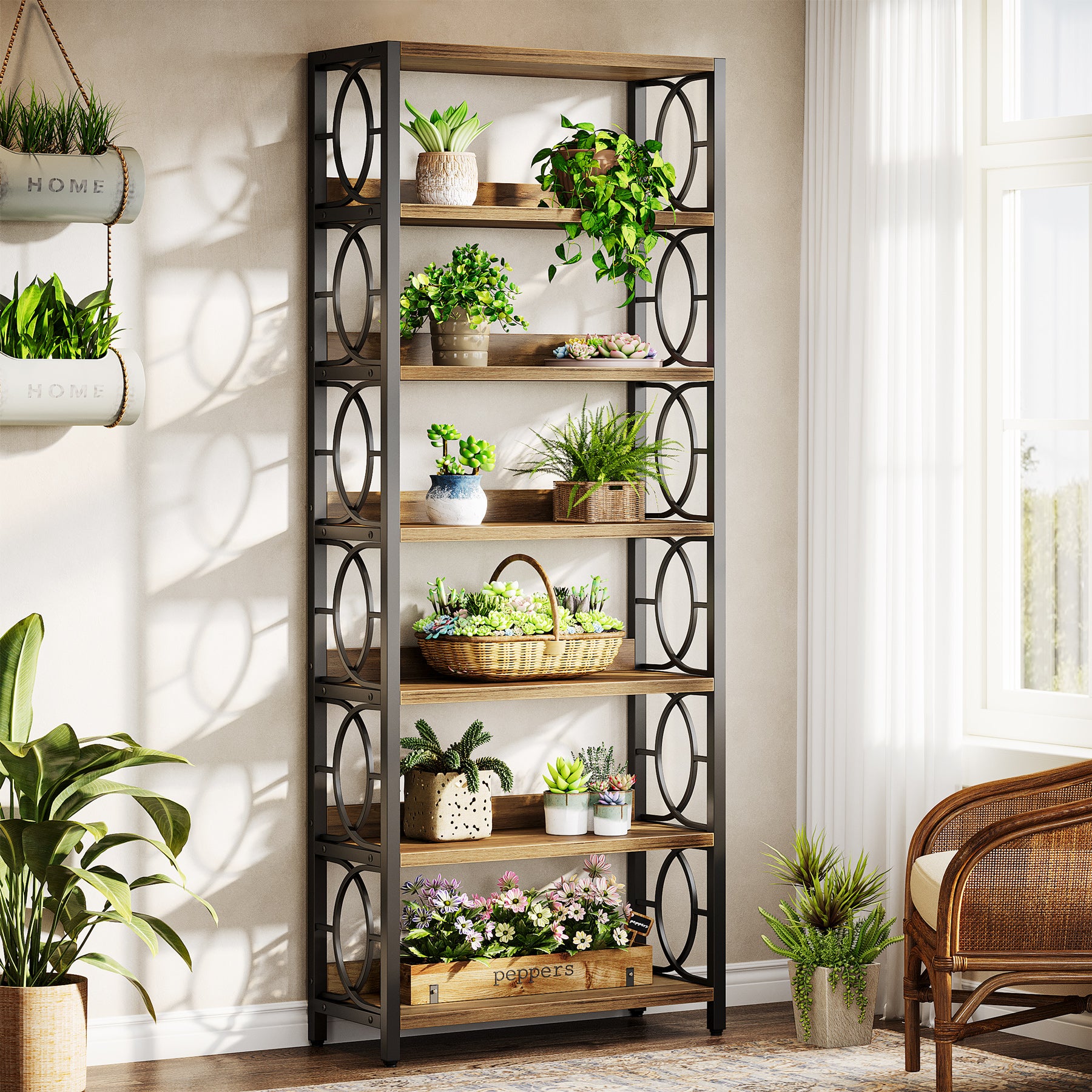 180 cm Houten Plantenstandaard met 6 Niveaus, Industrieel Vrijstaand Plantenrek in Rustiek Bruin en Zwart