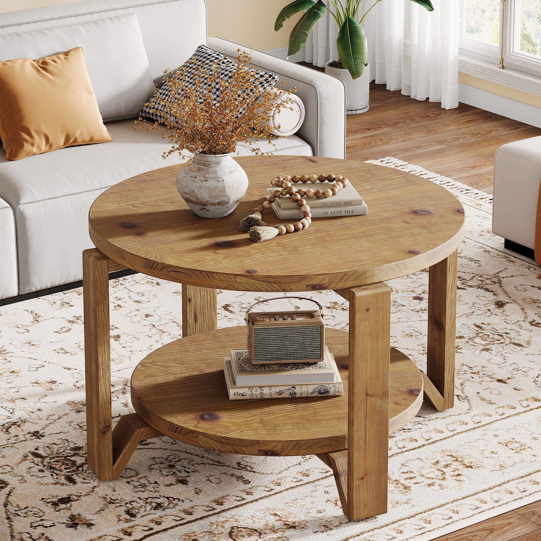 80 cm Ronde Salontafel in Walnoot met Opbergruimte, Mid-Century Accenttafel
