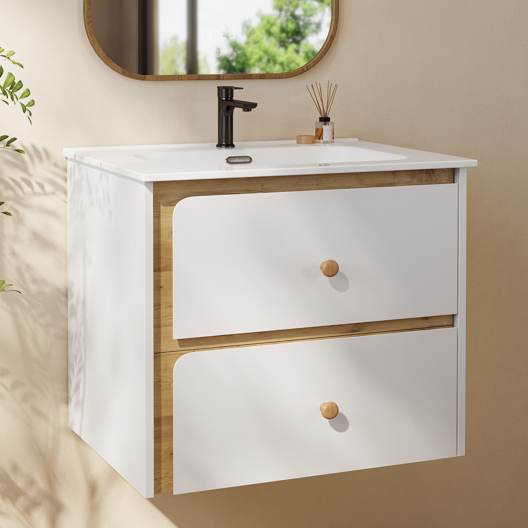 Tribesigns Hangende wastafel met keramieken waskom, Modern badkamermeubel wandgemonteerd met soft-close-deur