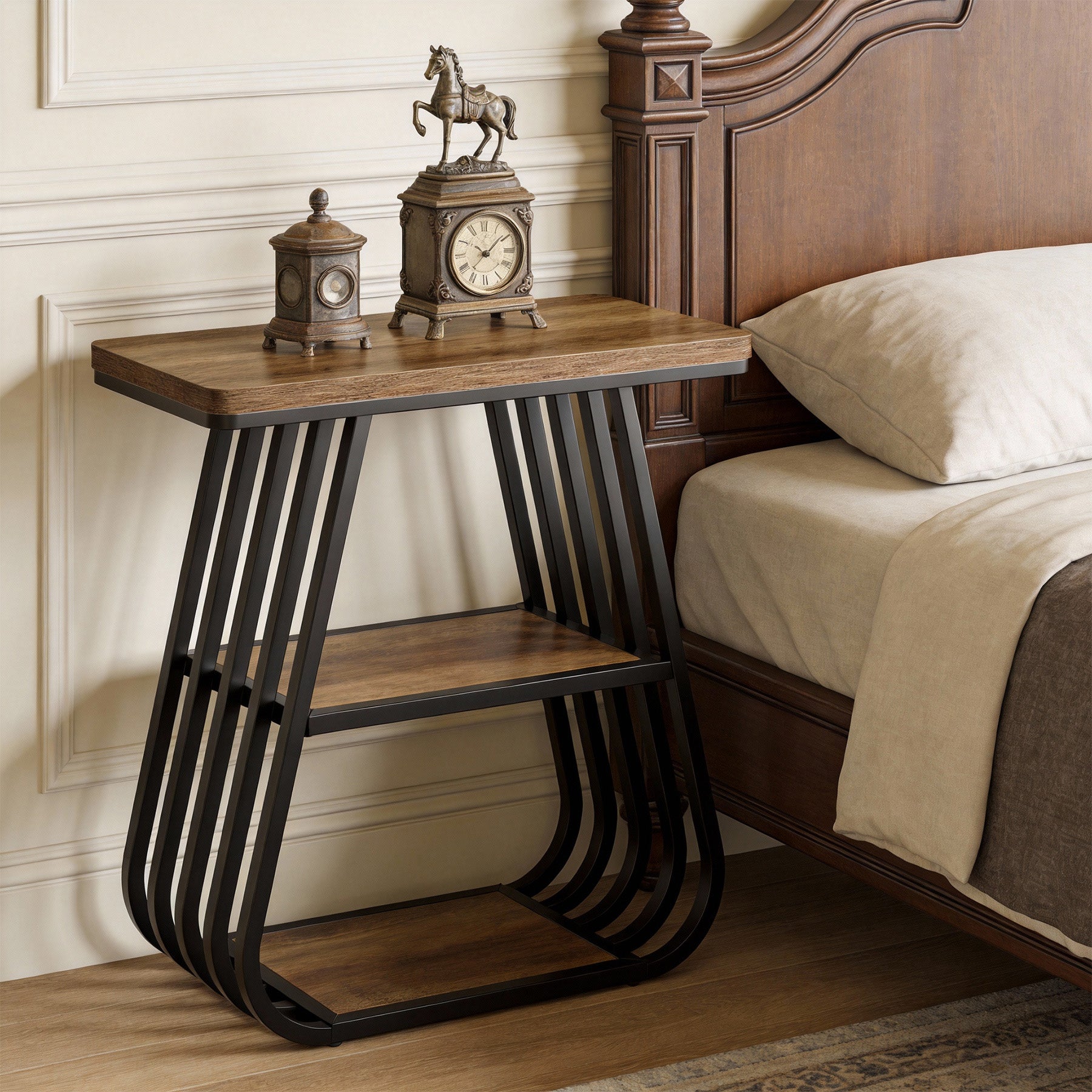 60 cm Bijzettafel voor Woonkamer, 3-Tier Smalle Tafel met Opbergplank in Eikenbruin en Zwart