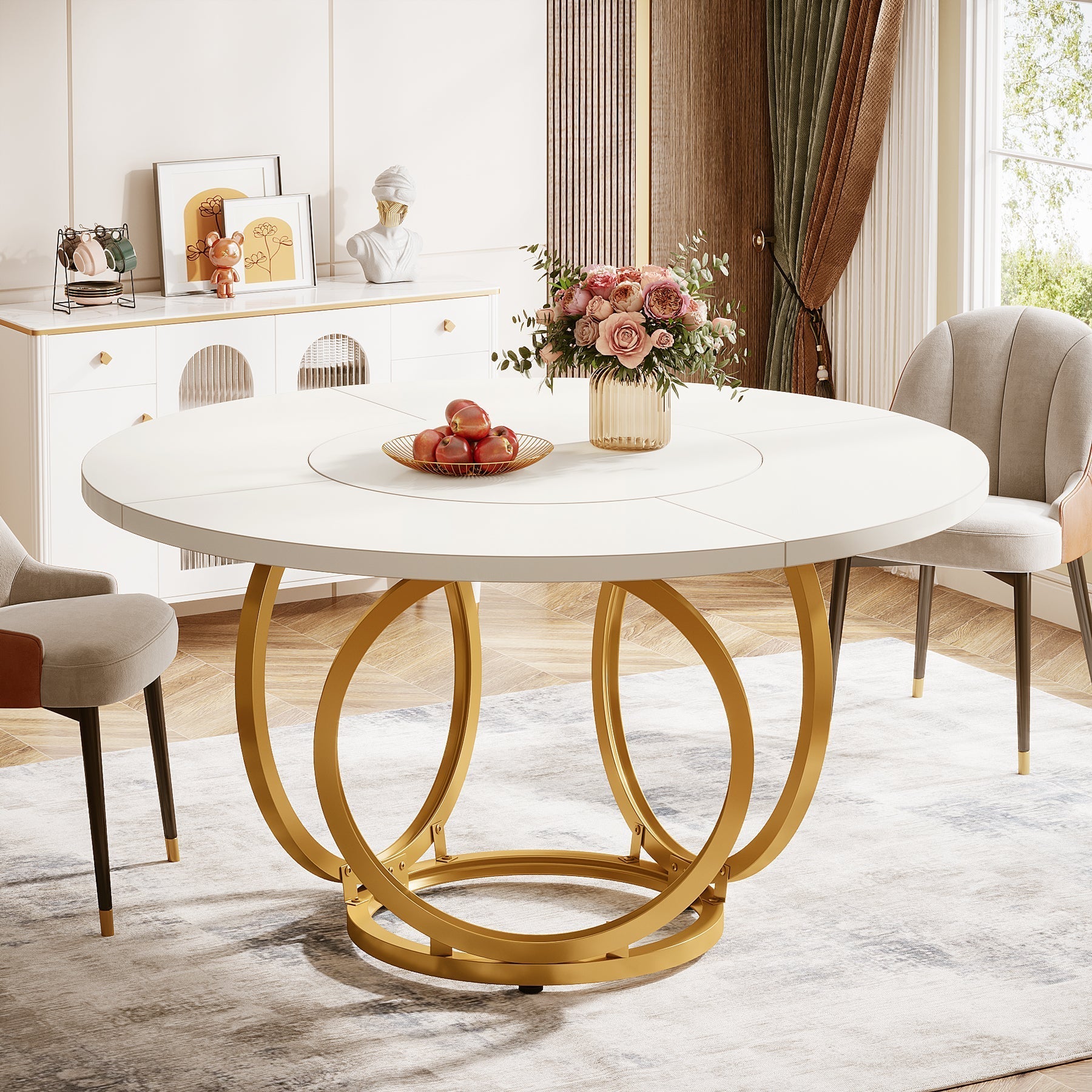 Ronde Eettafel voor Vier Personen, Witte Tafel met Gouden Metalen Onderstel
