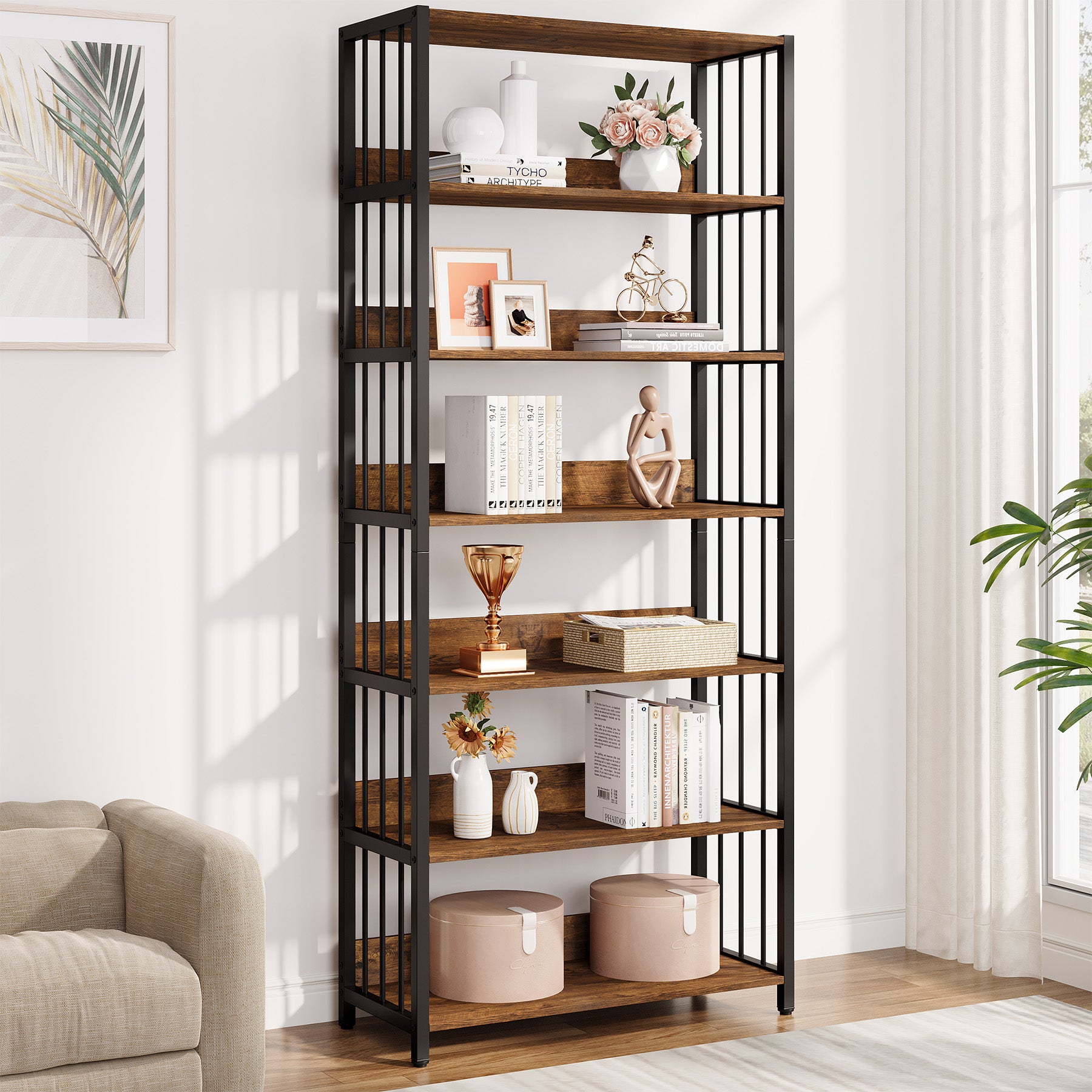 190 cm Boekenkast met 6 Planken, Industriële Metalen Kast voor Elke Ruimte