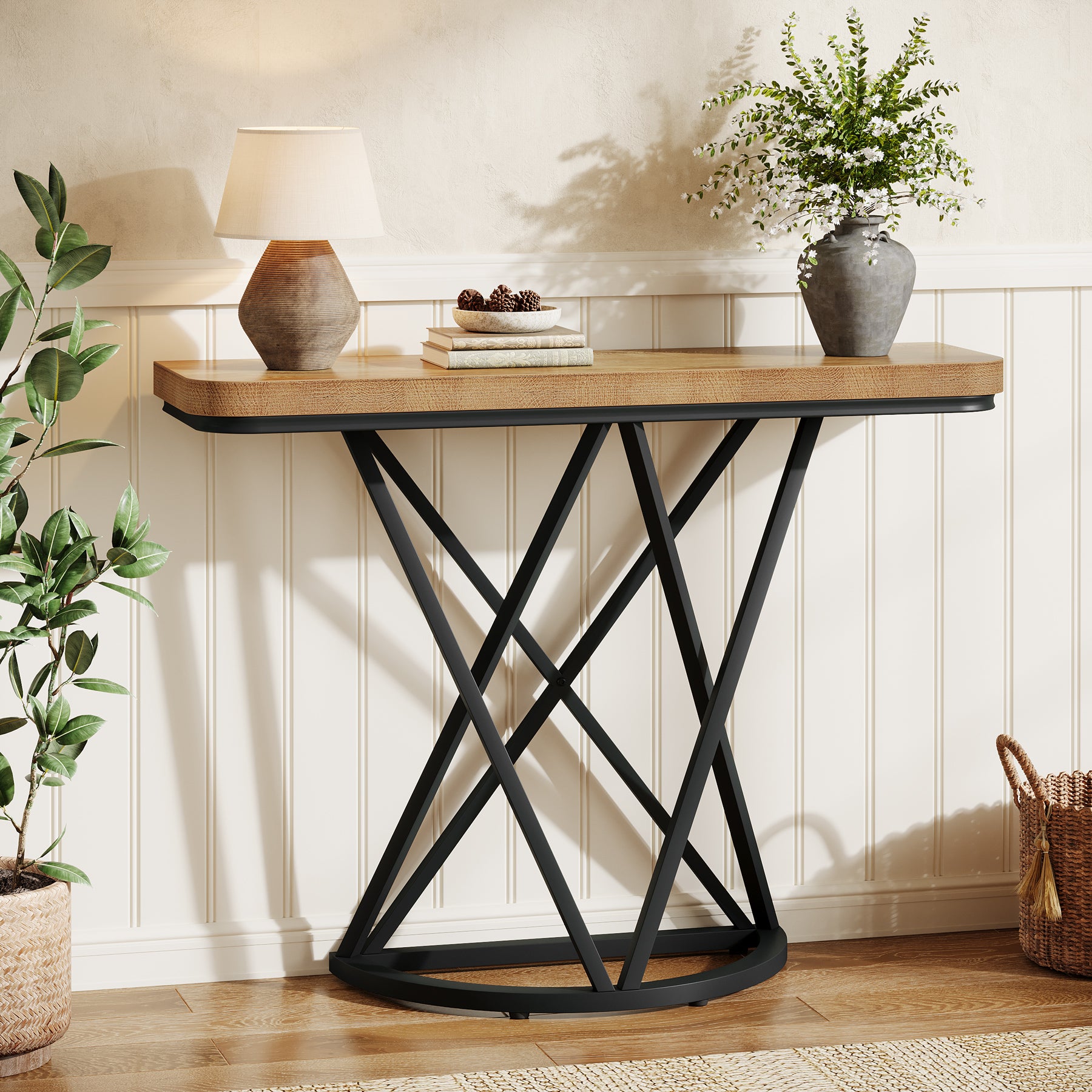 105 cm Industriële Console Tafel, Smalle Entreetafel met Geometrisch Metaal Onderstel