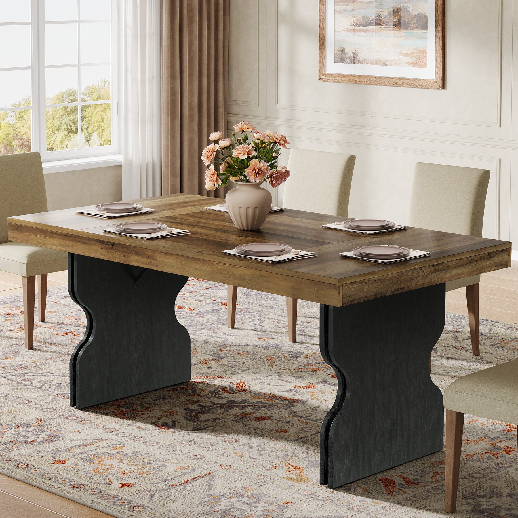 Tribesigns 160 cm Eettafel voor 4–6 Personen, Rechthoekige Landelijke Keukentafel met Zandloperpoten