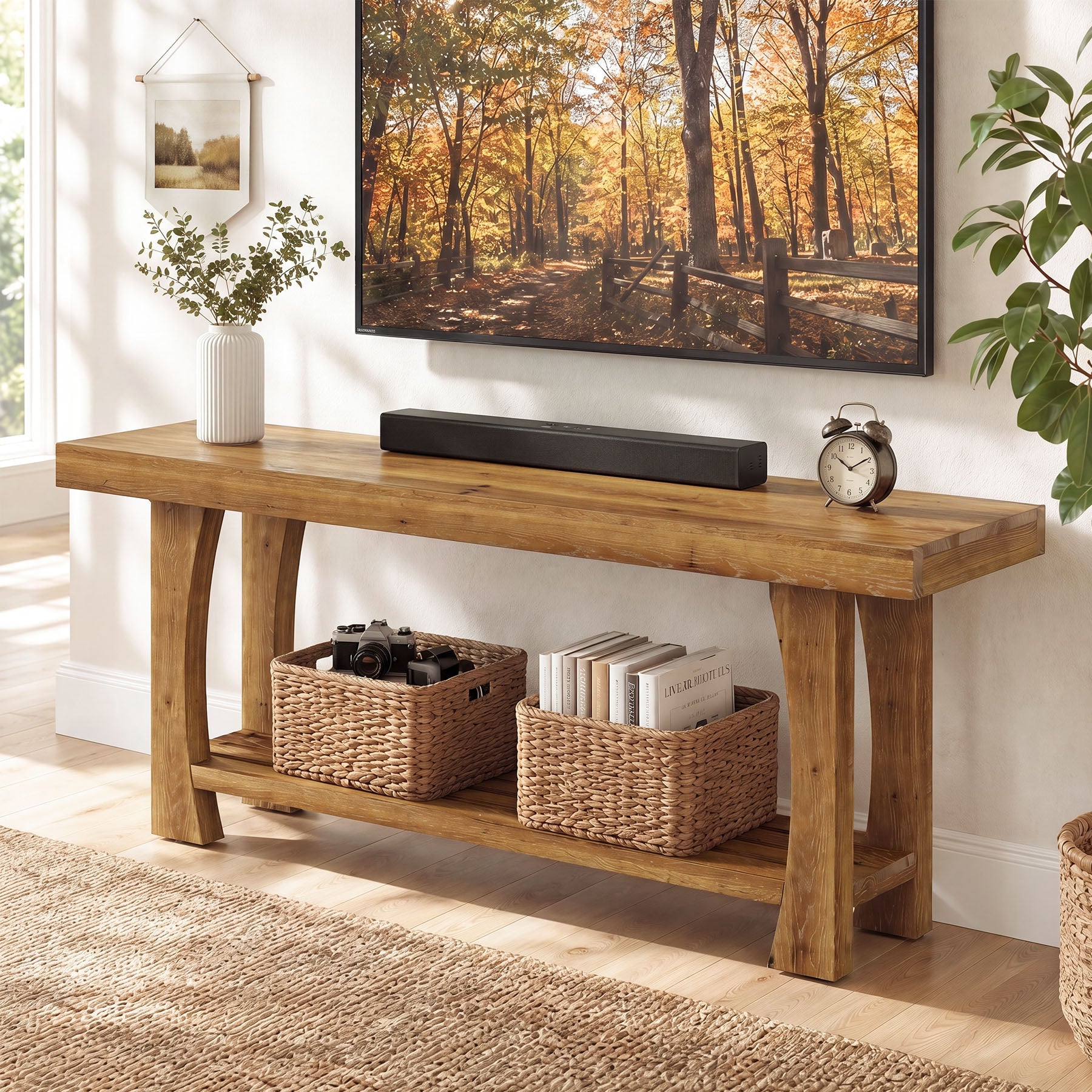Tribesigns massief houten tv-meubel voor 55–70 inch tv’s, tv-kast met 2 opbergniveaus en taps toelopende houten poten