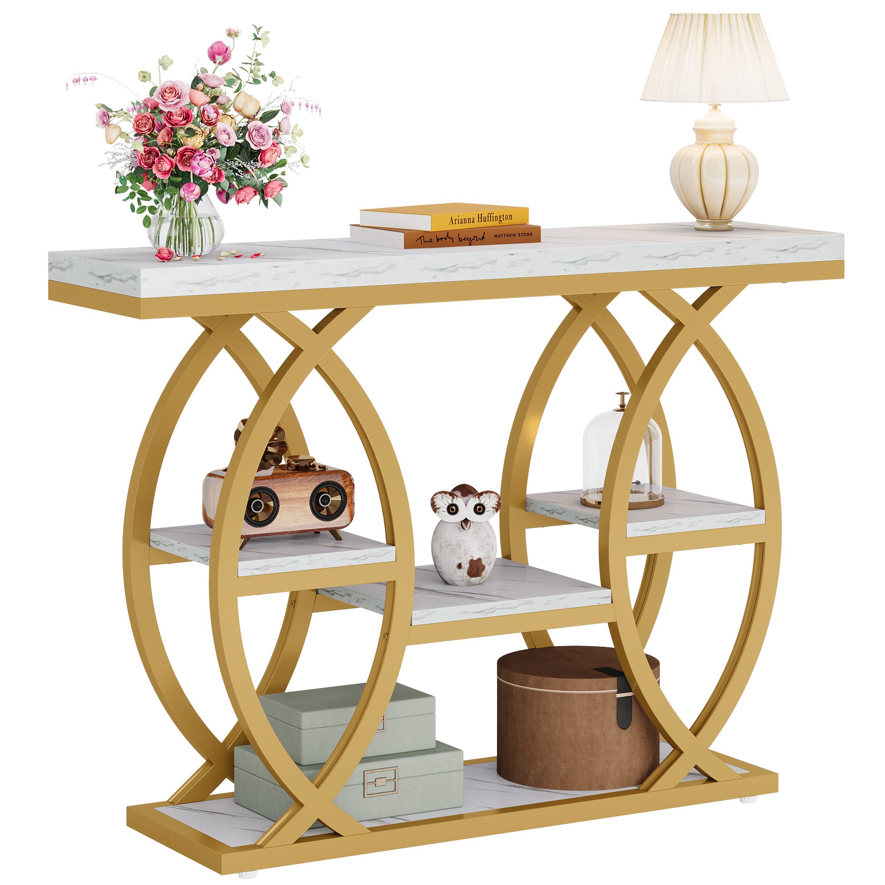 Industrieel Consoletafel 100 cm met 4 Opbergplanken, Smalle Houten Bijzettafel voor hal en Kleine Ruimtes