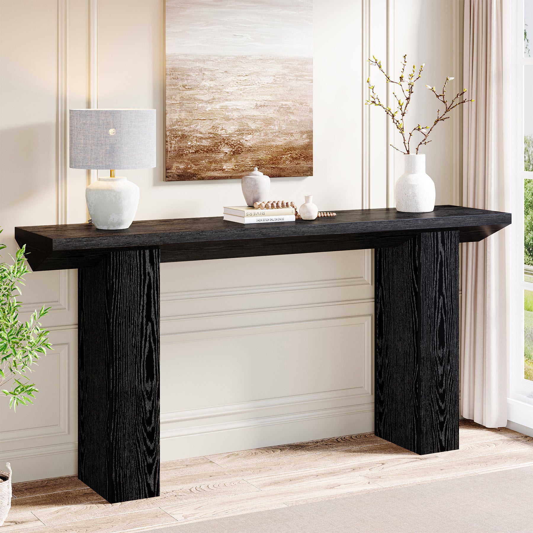 160 cm Smalle Salontafel voor Achter de Bank, Zwart Houten Haltafel voor Woonkamer en Entree