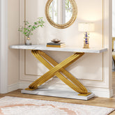 140 cm Moderne Consoletafel, Luxe Faux Marmeren Banktafel in Goud en Wit 3