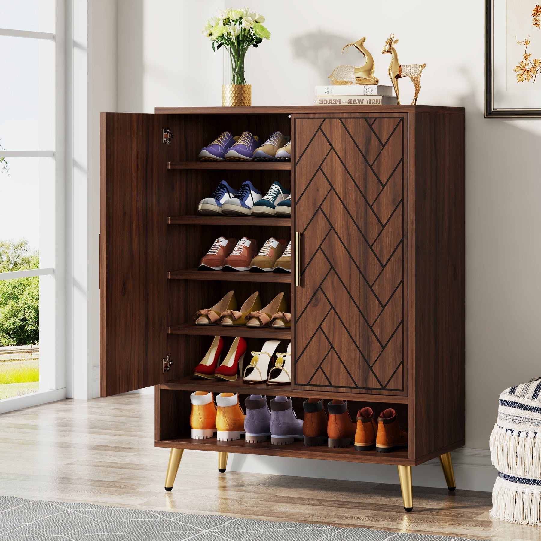 110 cm Schoenenkast met Deuren, Notenhouten Opbergmeubel met Zes Planken voor Hal en Slaapkamer