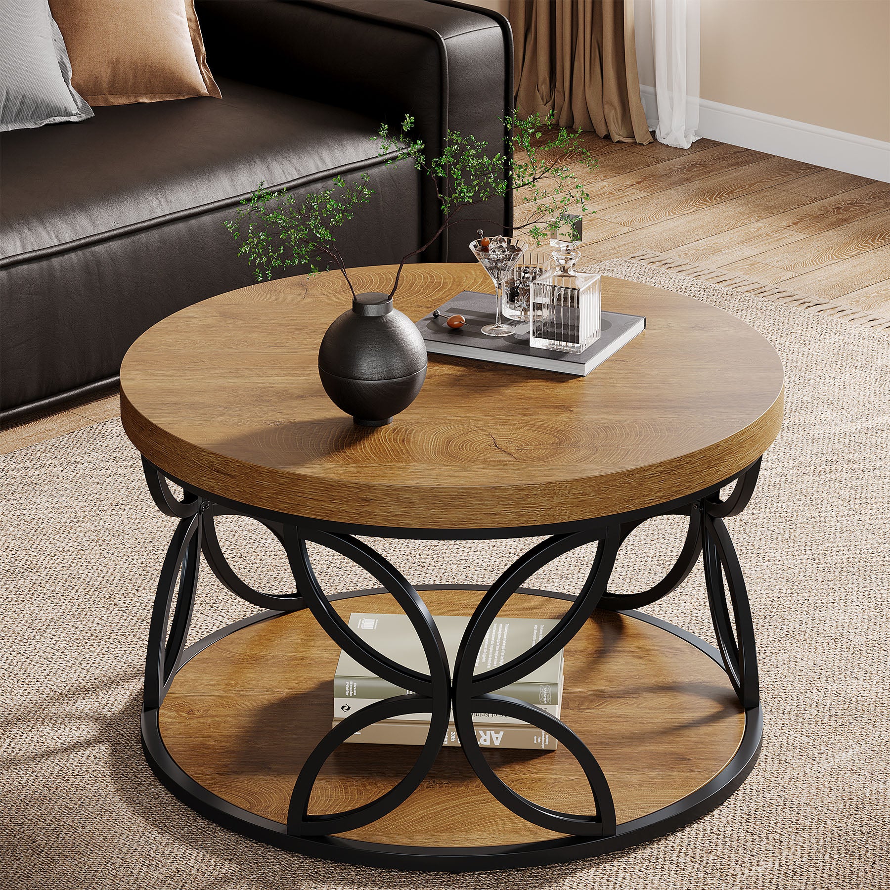 80 cm Tribesigns ronde salontafel met 2-laagse opbergruimte, landelijke woonkamertafel met houtlook en metalen frame voor woonkamer