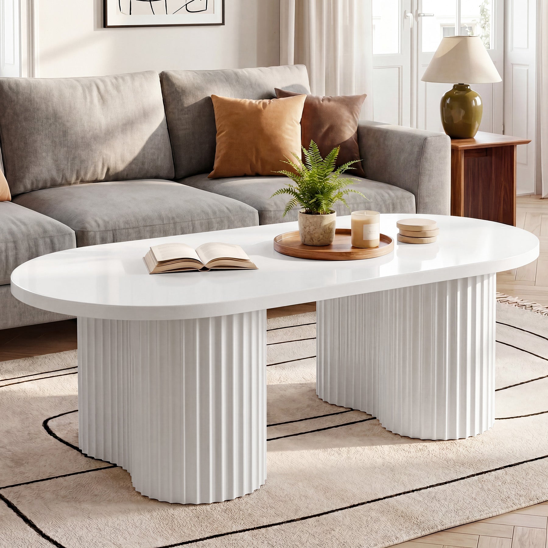 Tribesigns 120 cm ovale salontafel, moderne woonkamertafel met geribd oppervlak in minimalistisch design