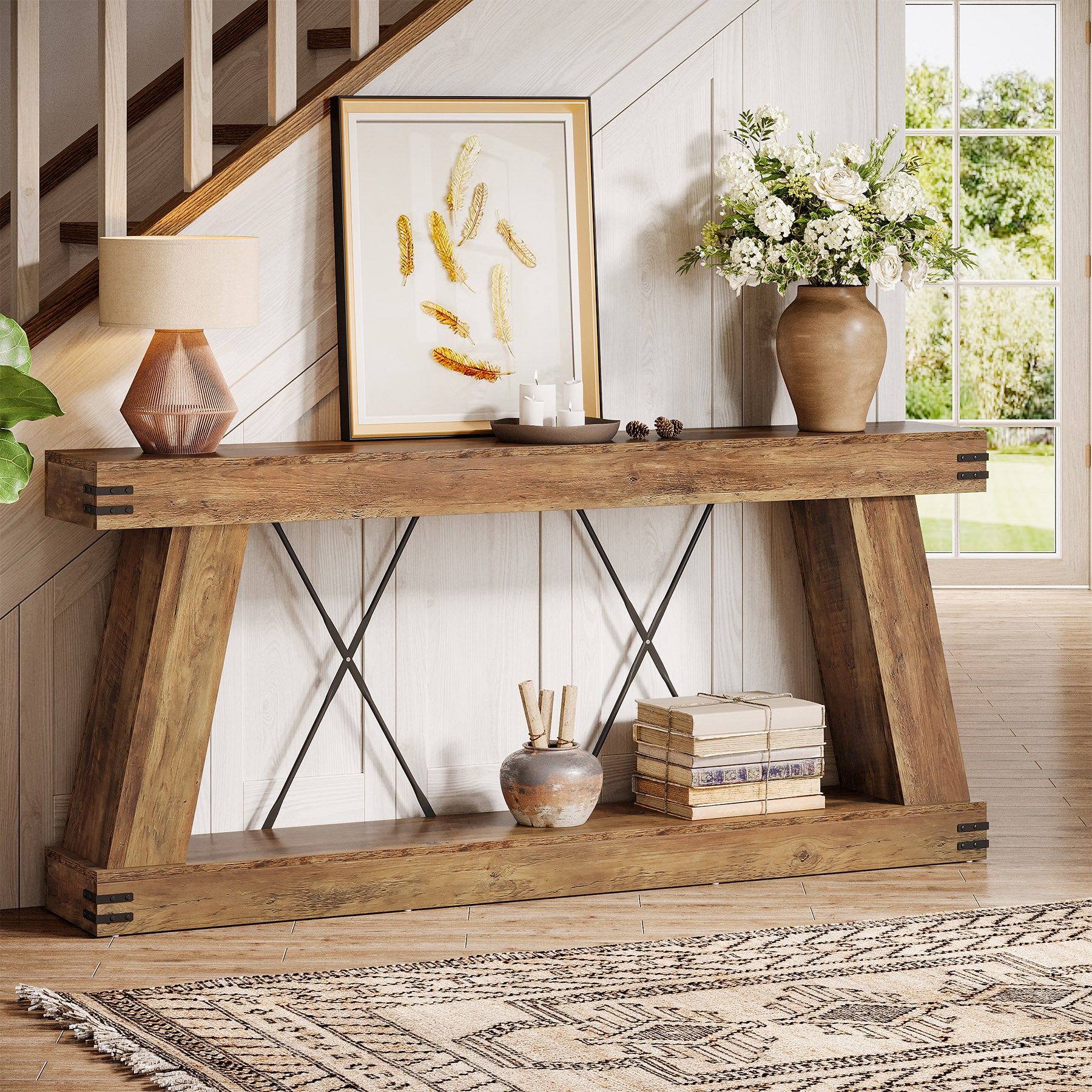 180 cm Lange Consoletafel met Opbergruimte, Smalle Houten Haltafel voor Woonkamer en Entree