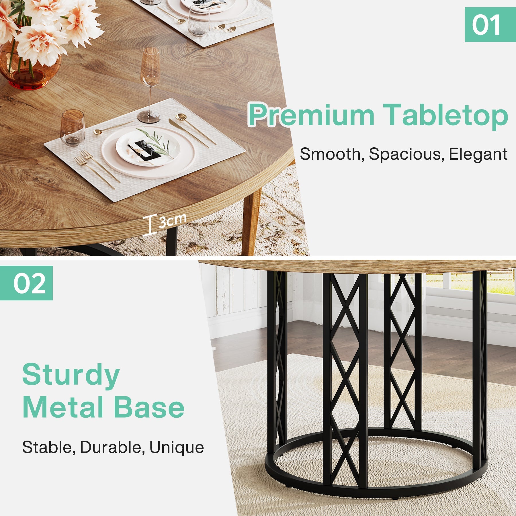 Tribesigns ronde eettafel Ø120 cm voor 4–6 personen, moderne keukentafel met metalen frame